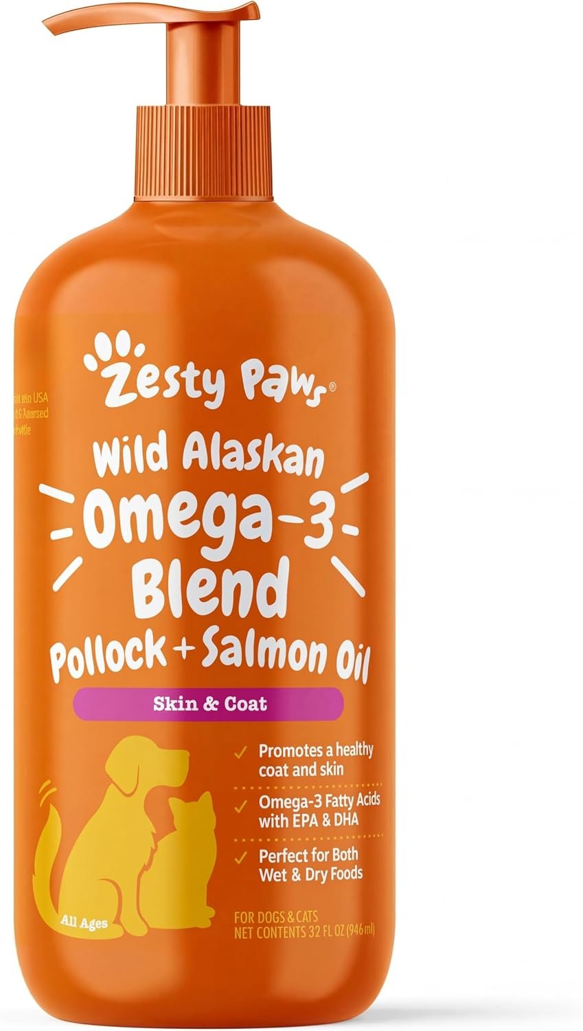Zesty Paws Salmon Oil for Dogs & Cats – Omega 3 for Dogs & Cats, 32 oz
