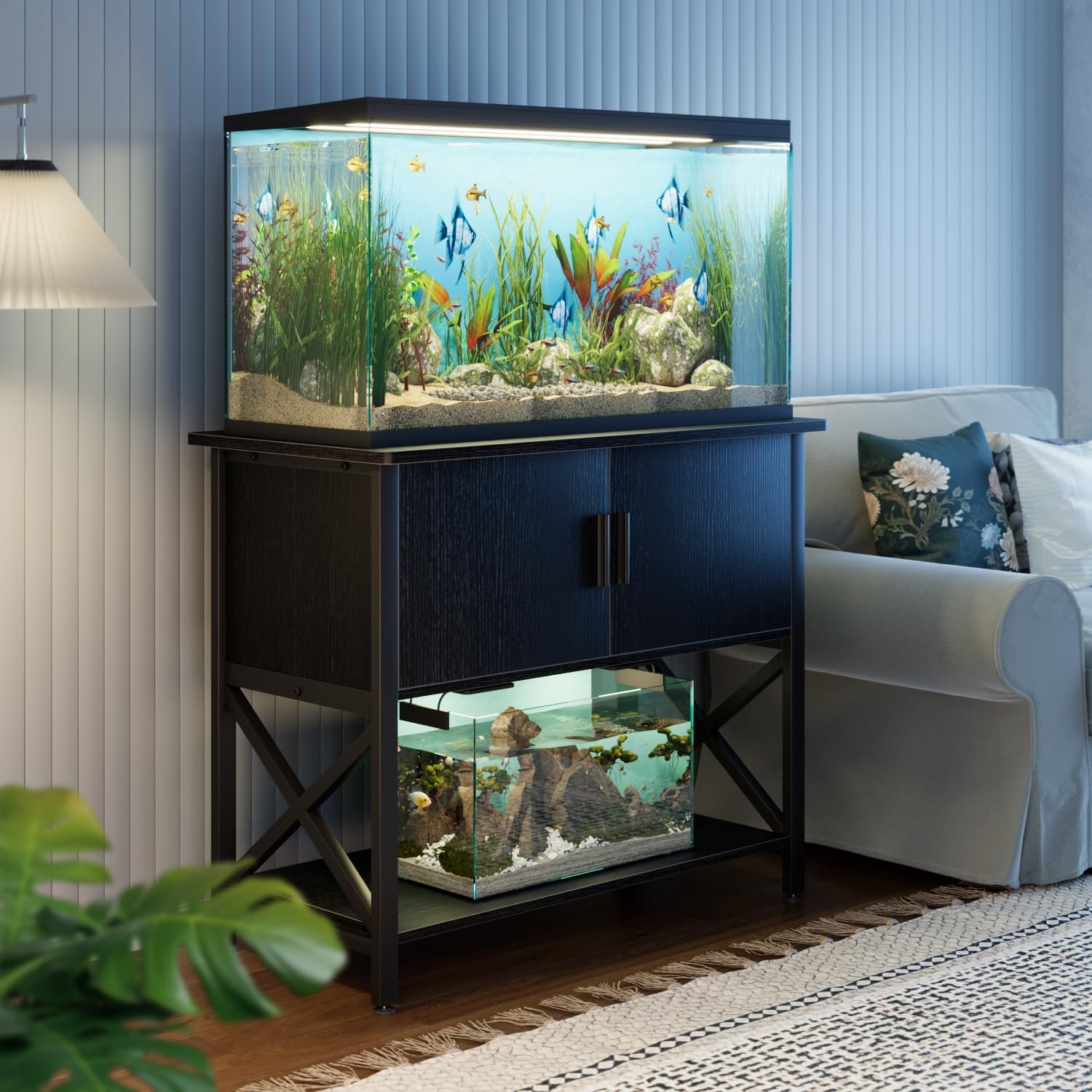 APPOLYN 40-50 Gal Aquarium Stand with Cabinet Storage, Black | 36.6″Lx18.9″W, Fish Tank Stand, Metal Frame, Adjustable Feet, Turtle Reptile Tank Stand, Easy Assembly, Living Room, Office