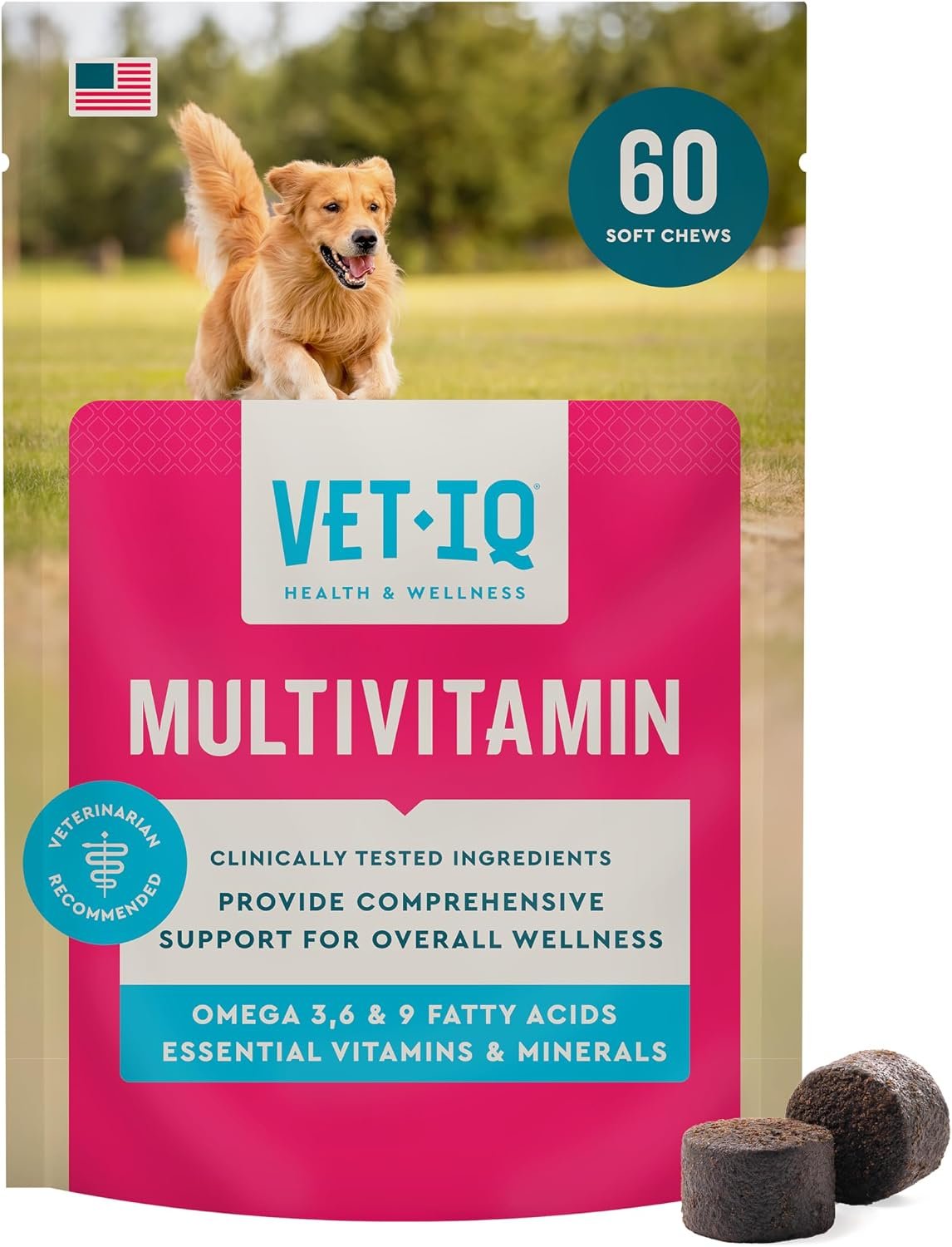 VetIQ Multivitamin for Dogs, Dog Supplement Supports Active Brain Function, Immune System, and Digestive System, Hickory Smoke Flavored Dog Multivitamin, Made in the USA, 60 Count