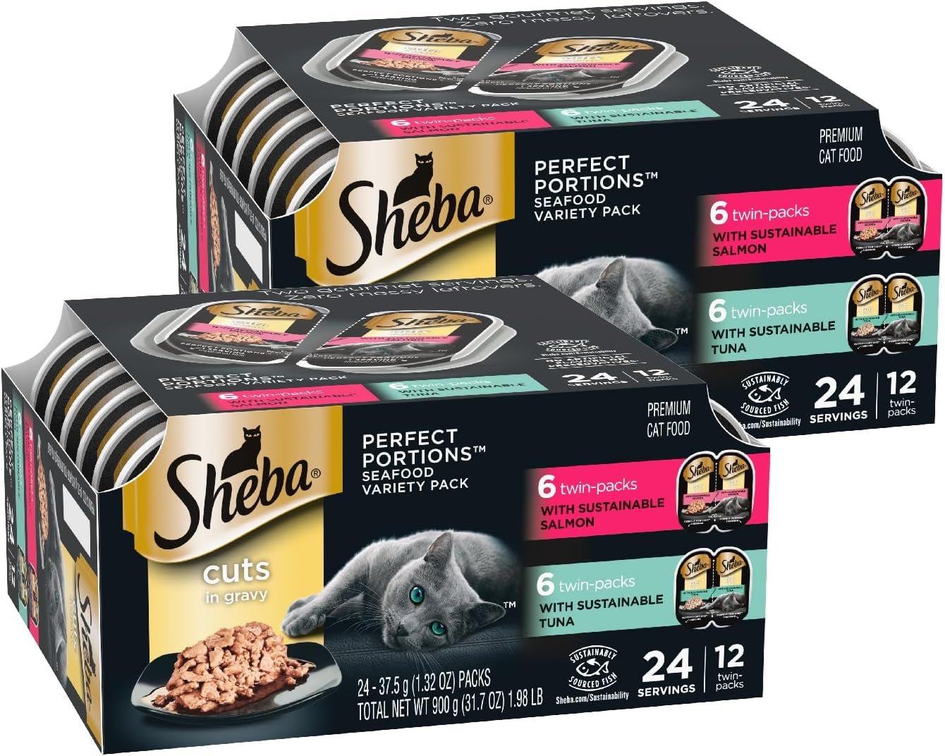 Sheba Perfect Portions Cuts Wet Cat Food, Salmon & Tuna, 2.6 oz, 12 ct, 2pk | Grain-free, Real salmon & tuna cuts in gravy, snap-peel-serve twin-pack trays, no fillers/artificial flavors, no corn or soy
