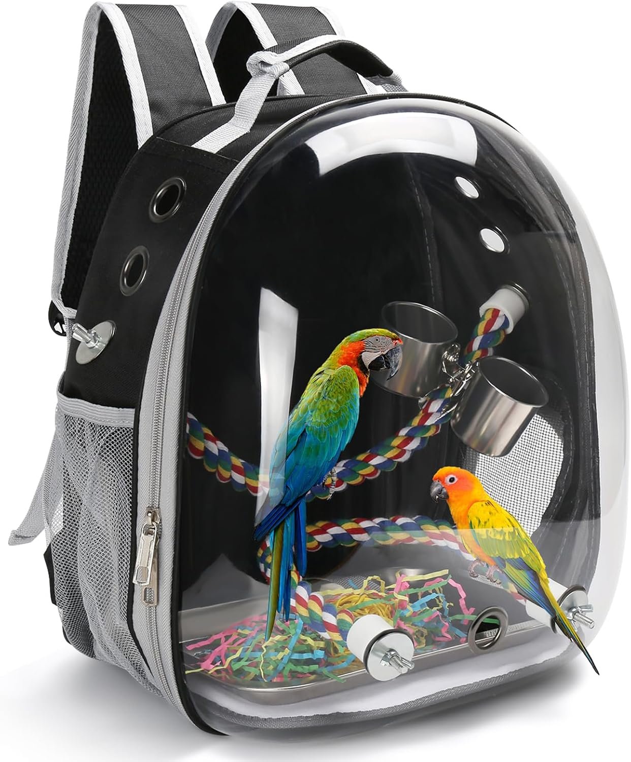 Bird Backpack Carrier, Travel Bird Cage for Small Medium Size Parrot Parakeet Budgies Cockatiel, Portable Clear Bubble Window Bag with Stainless Steel Tray Food Bowl Standing Perch (Black)