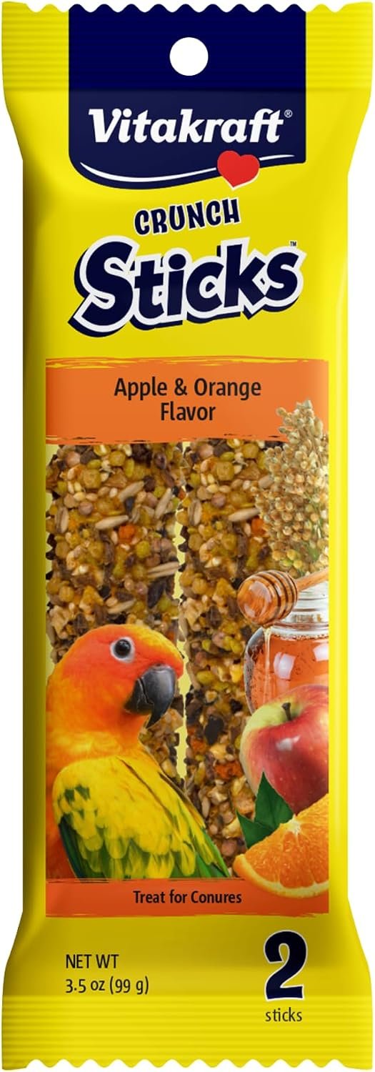 Vitakraft Crunch Sticks Conure Treat 2 Sticks – Apple and Orange Flavor – Triple Baked for Crunch – with Added Vitamins and Minerals Natural with Wood Chew Center – Includes Cage Clip Holder