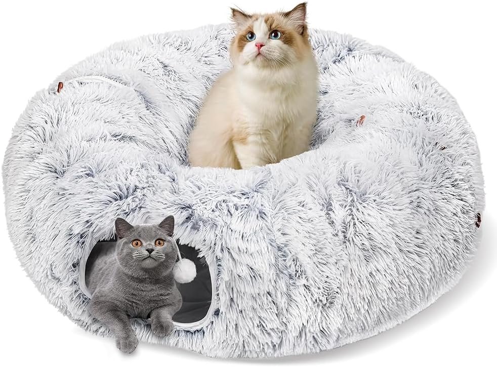 Baseola Fuzzy Cat Tunnel Bed for Indoor Cats, 2-in-1 Interactive Cat Toys | Peekaboo Cat Cave with Washable Mat, Collapsible Cat Play Tunnel for Kittens & Small Pets, Plush Cat Donut Bed Tunnel, Grey
