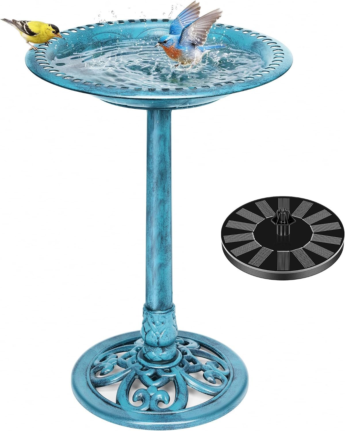VIVOHOME Bird Bath with Solar Fountain for Outside, Pedestal, Blue | Solar-Powered Pump, Weather-Resistant Polyresin, 20-Inch Bowl, for Outdoor/Garden, Bird-Friendly, Easy to Clean