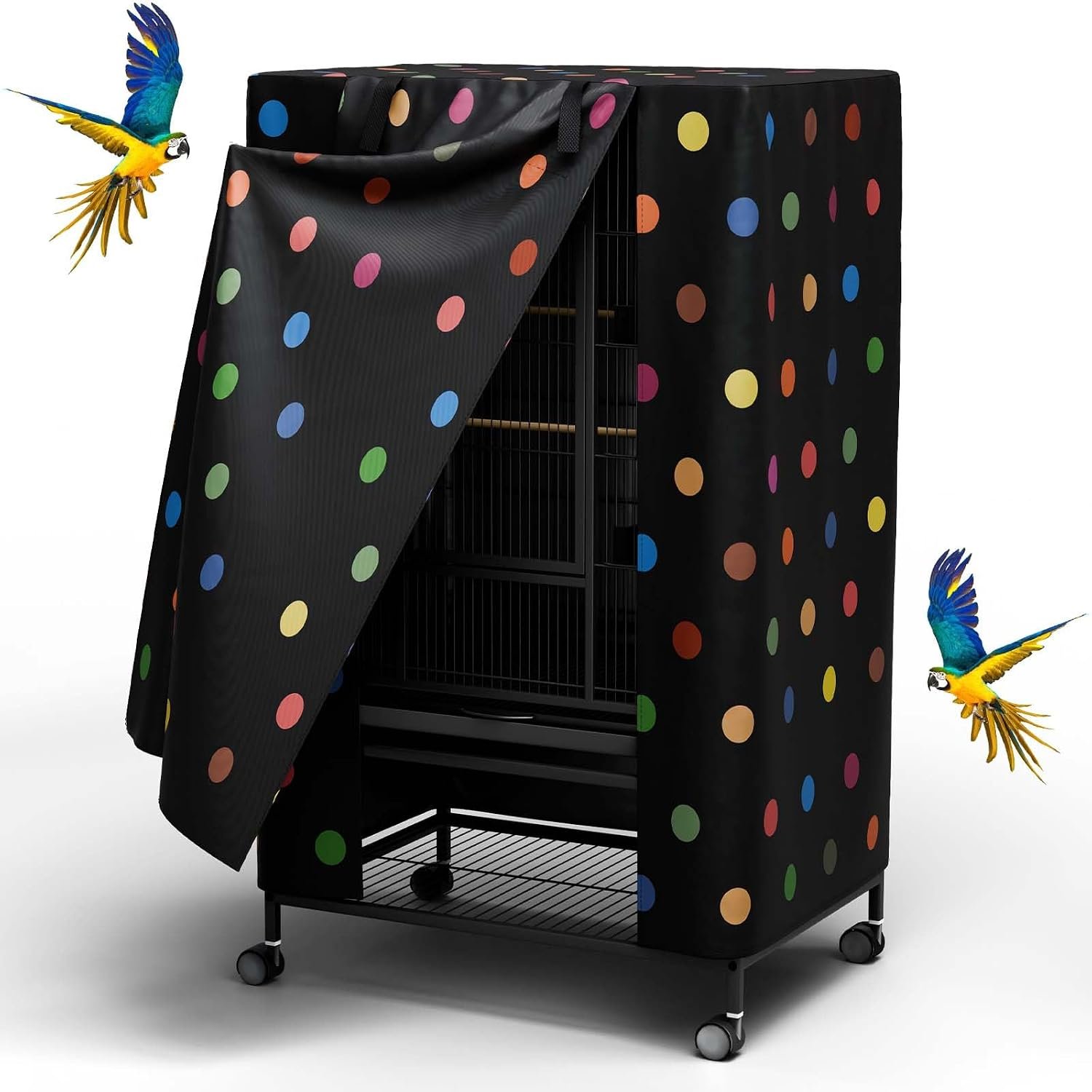 Tchvt Ultra Blackout Birdcage Cover, Max Light Blocking for Night Fright | Good Night, 210D Oxford, Breathable, Machine Washable, Zipper Panel, Fits 19-38″ Tall Cages, Calming Dark for Birds,Polka Dot
