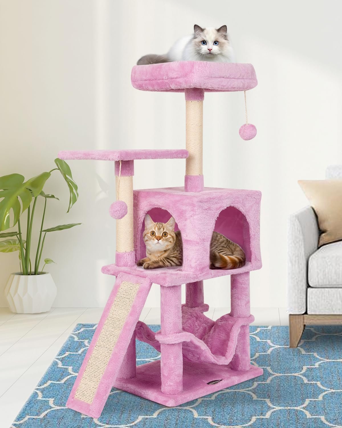 Cut Cat Tree Cat Tower Condo with Hammock Kittens Scratching Post Pink | MIAO PAW Cat Bed For Indoor Modern Activity Tree for small Cat with Board Hanging Ball Play House