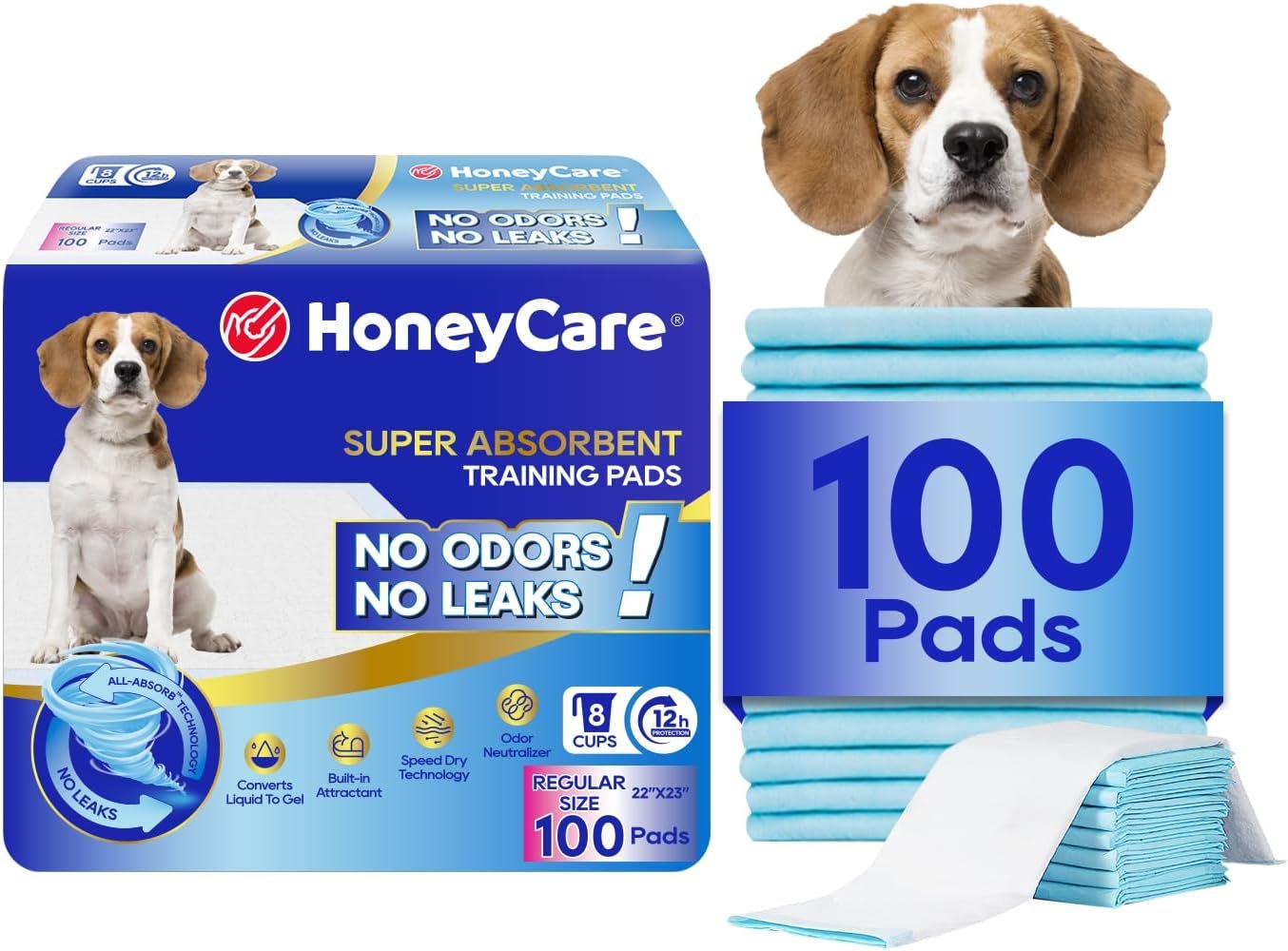 HONEY CARE All-Absorb, Large 22″ x 23″, 100 Count, Dog and Puppy Training Pads, Ultra Absorbent and Odor Eliminating, Leak-Proof 5-Layer Potty Training Pads with Quick-Dry Surface, Blue, A01