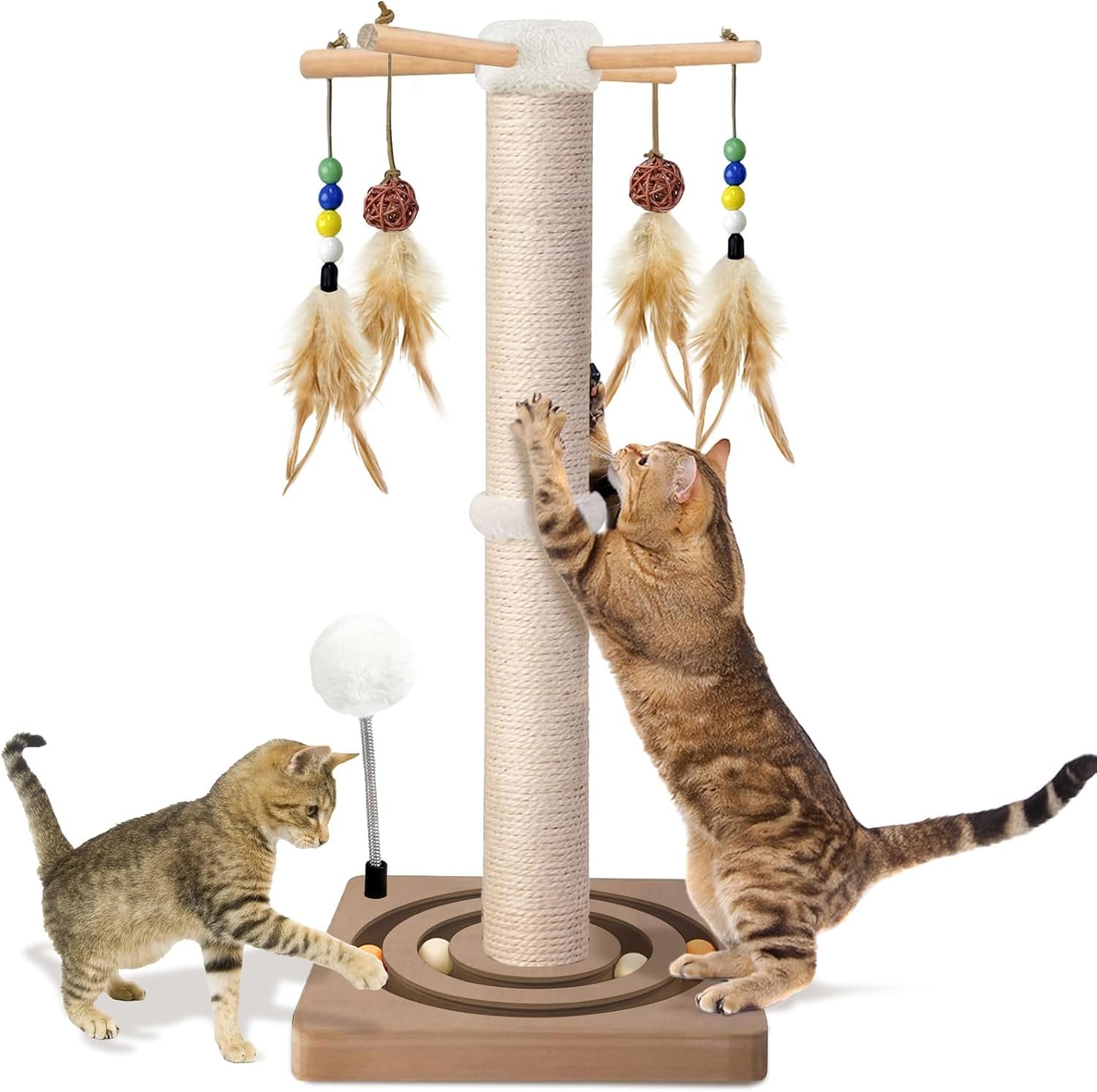 PAROTO Cat Scratching Post, Sisal Cat Tree Tower Scratcher for Indoor Cats Adults with Interactive Toys, Double Ball Track, 2 Mounting Methods, 25 inches