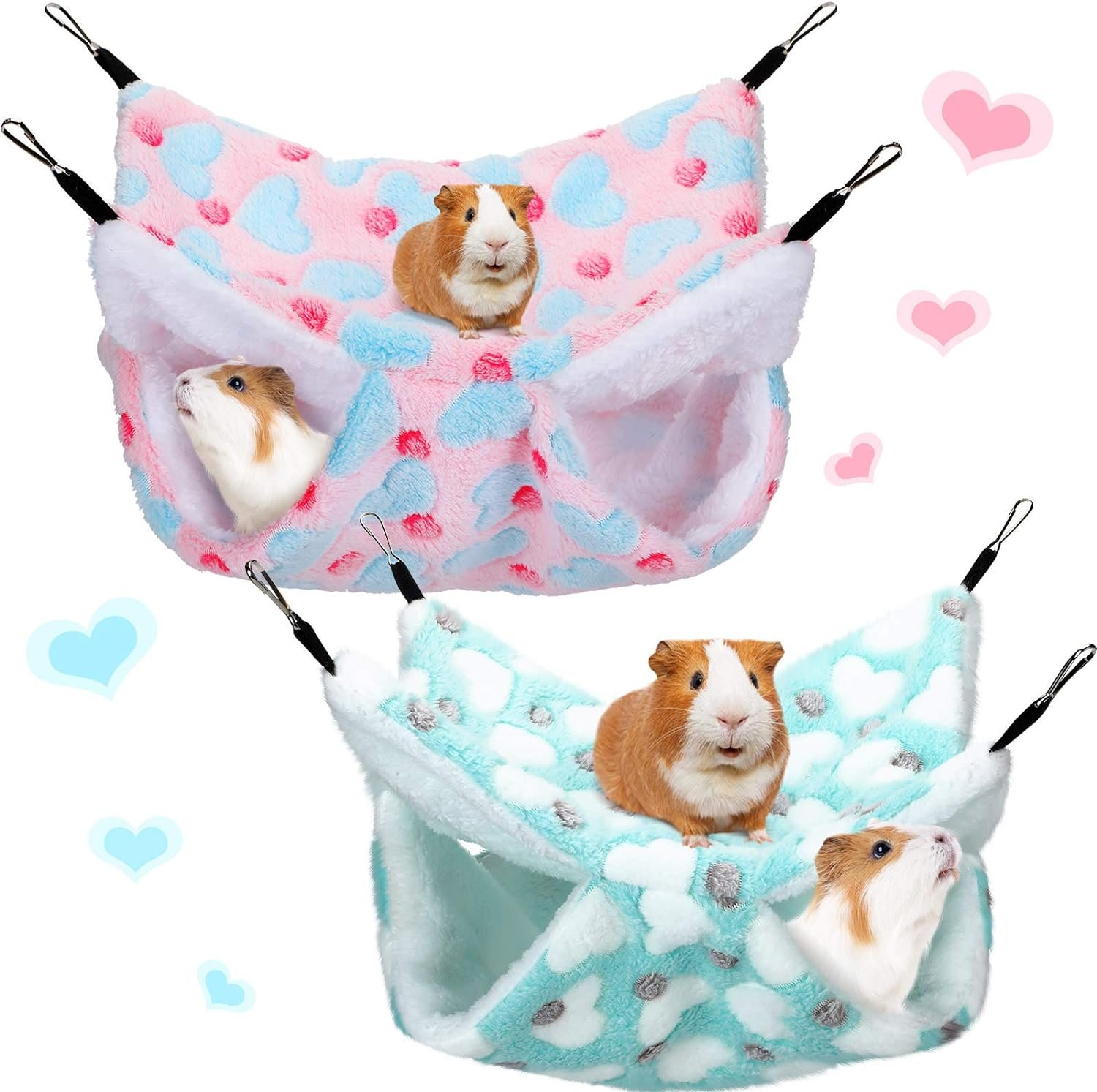 Boao 2 Pcs Guinea Pig Rat Hammock Guinea Pig Hamster Ferret Hanging Hammock Accessories for Small Animals Chinchilla Parrot Sugar Glider Ferret Squirrel (Mint Green, Pink, Heart Pattern)