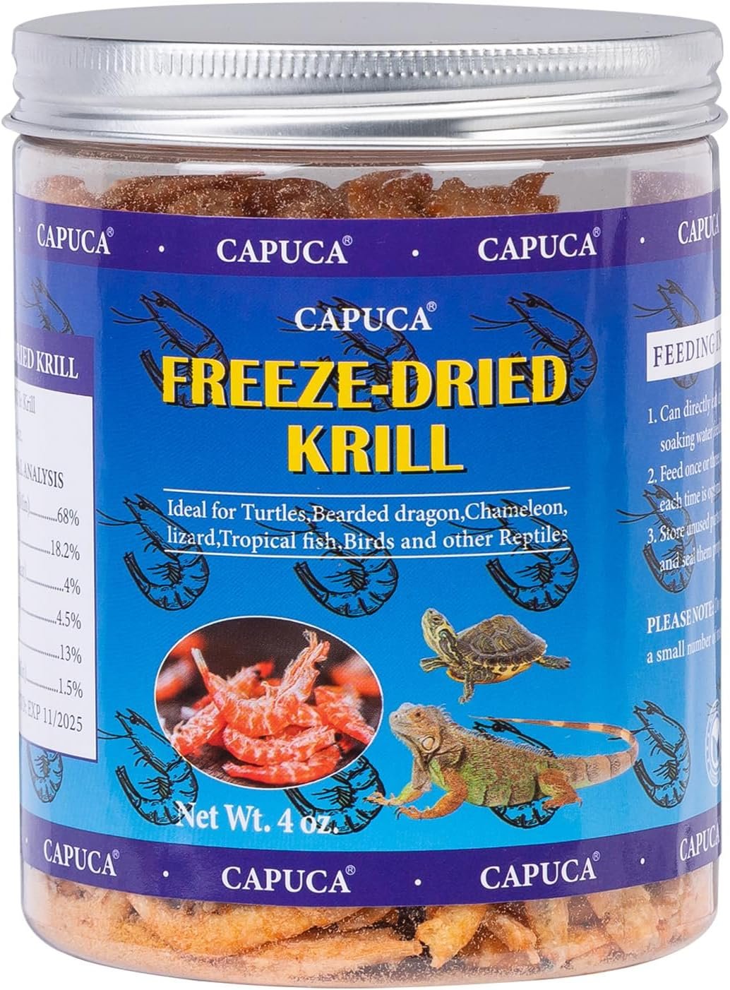Freeze-Dried Antarctic Krill, High-Protein Reptile and Fish Food, 4 oz | Single ingredient, no additives, rich aroma, crunchy texture, suitable for turtles, bearded dragons, fish and amphibians