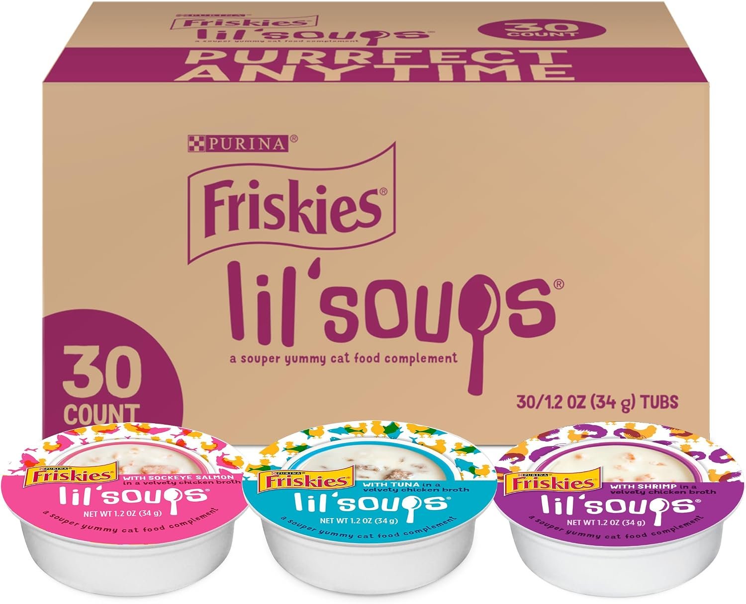 Purina Friskies Lil Soups Topper Variety Pack, 30 Count, 1.2 oz Cups | Grain-free lickable recipe with real seafood in a velvety broth, salmon, tuna or shrimp
