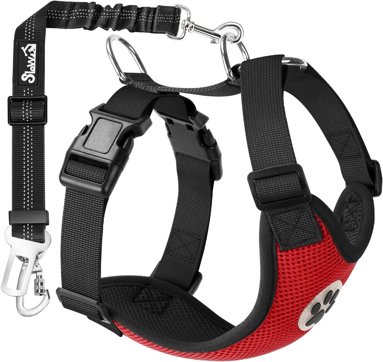 SlowTon Dog Seat Belt Harness for Car, Dog Car Harness & Seatbelt, R M | Adjustable Mesh Breathable Harness & Dog Seatbelt Safety Tether with Elastic Bungee & Double Clips for Small Medium Large Pet