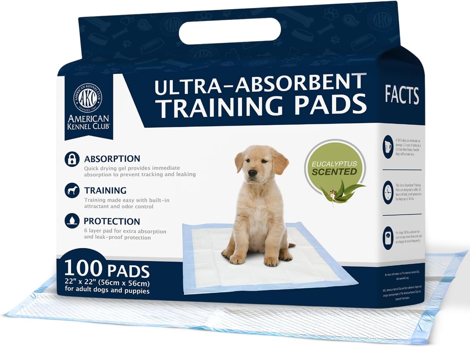 AKC Puppy Training Pads, 22″ x 22″, Eucalyptus Scented 100 Count