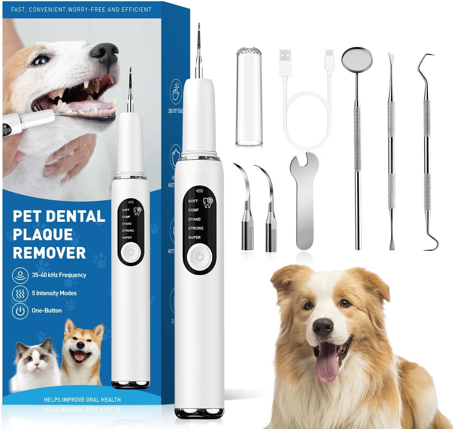 Dog Teeth Cleaning Kit Dog Plaque and Tartar Remover with LED Light 5 Adjustable Modes Electric Toothbrush Pet Teeth Cleaner for Dogs and Cats (White)