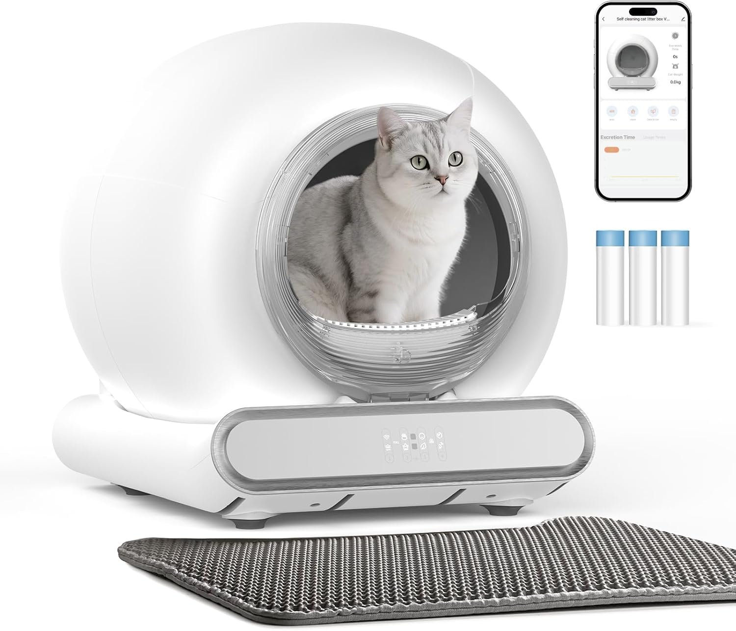 Self Cleaning Litter Box, Integrated Safety Automatic Cat Litter Box Self Cleaning 65L+9L for Multiple Cats, App Control, Odor Removal, Includes Mat & Liner (3 Rolls) – White