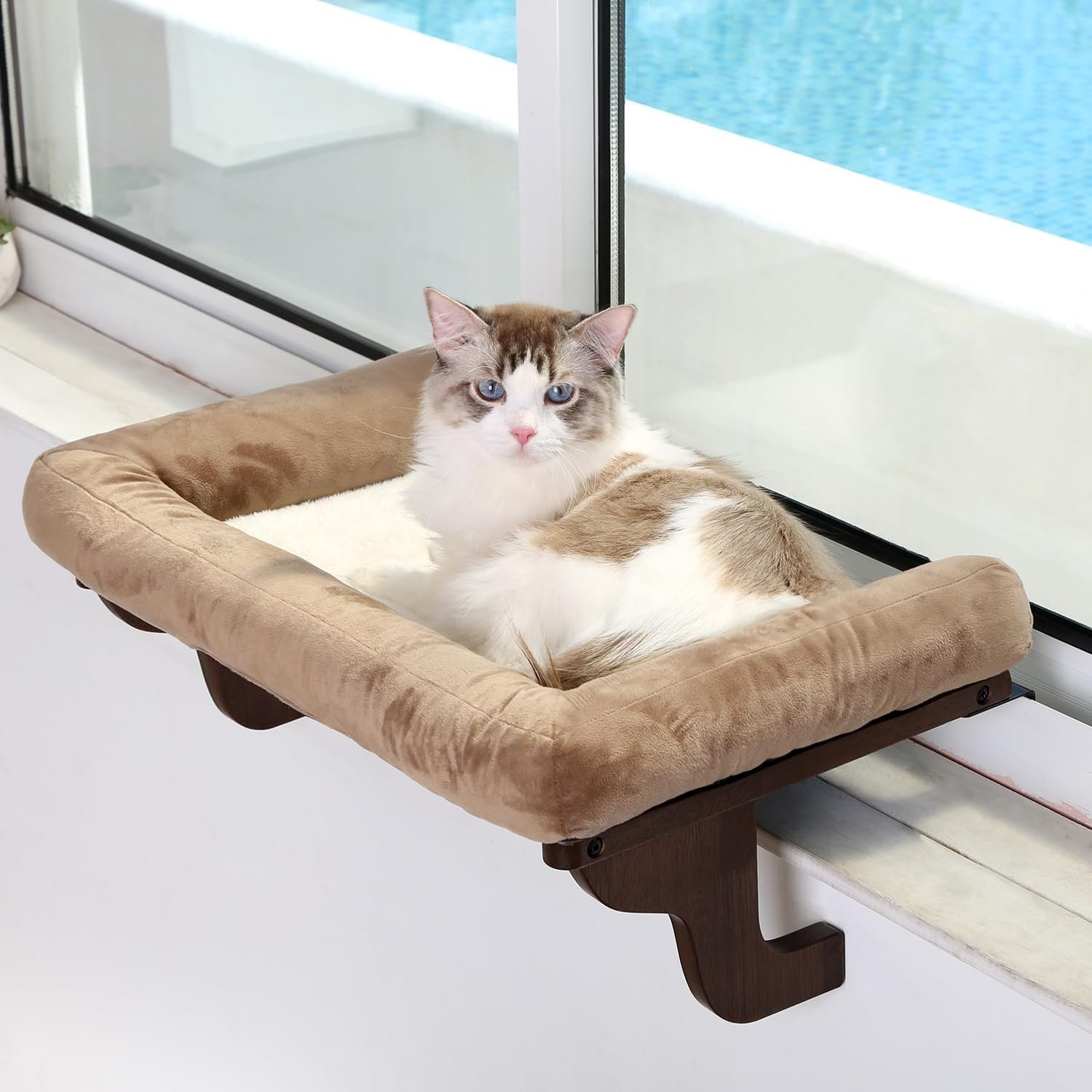Zakkart Cat Perch for Window Sill with Bolster – Orthopedic Hammock Design with Premium Hardwood & Robust Metal Frame – Cat Window Seat for Large Cats and Kittens – Dark Stained Wood Brown Bed, 24”W