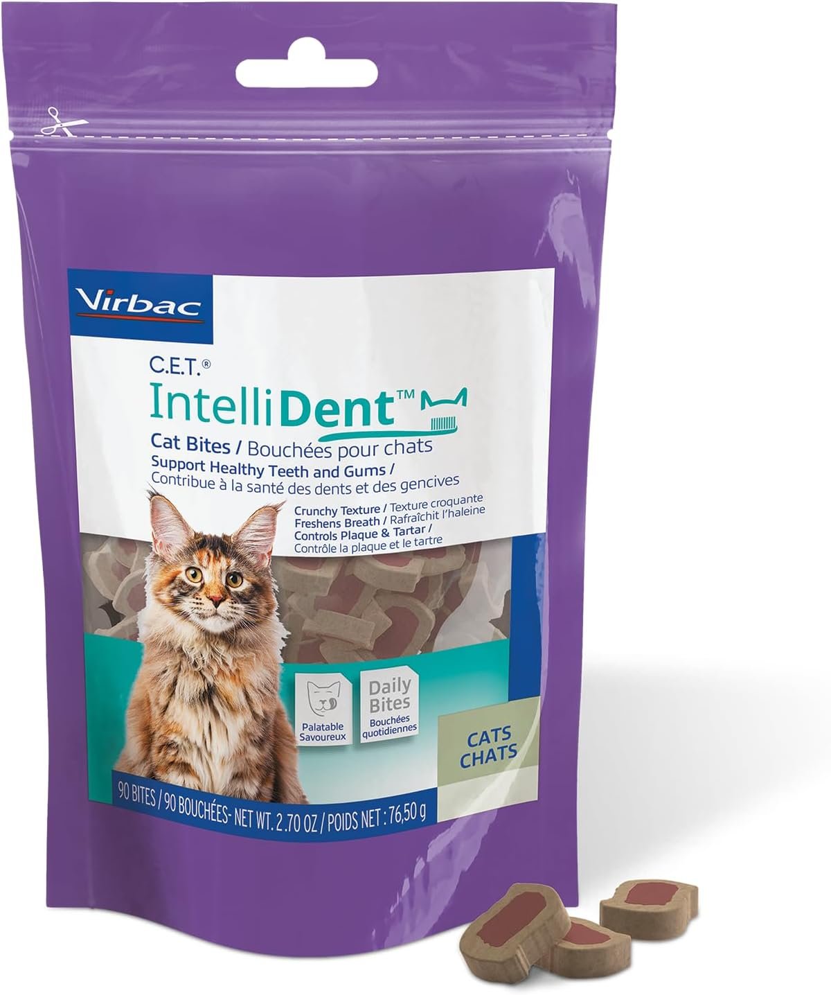Virbac C.E.T. Intellident Cat Bites for Dental Care | Crunchy cat bites for tartar control, supports healthy teeth and gums, chicken flavor bites, cat oral care hygiene