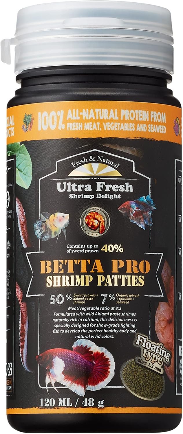 Ultra Fresh Betta Fish Food, Betta Pro Shrimp Patties, 50% Sword Prawns + Akiami Paste Shrimps, All Natural Protein, Rich in Calcium, for Betta’s Healthy Development and Cleaner Water, 1.87 oz