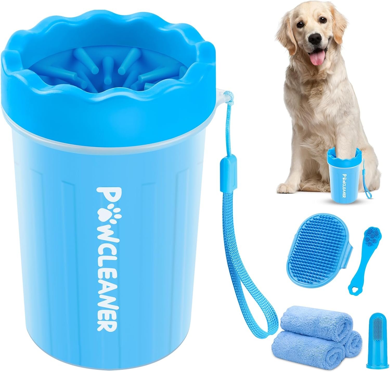 Professional 7 in 1 Dog Paw Cleaner for Dogs & Cats – Includes 1 Portable Paw Washer, 1 Bath Brush, 2 Dog Toothbrushes and 3 Absorbent Towels Note: Fits Paws 1.5 to 2.5 Inches Wide (Medium, Blue)