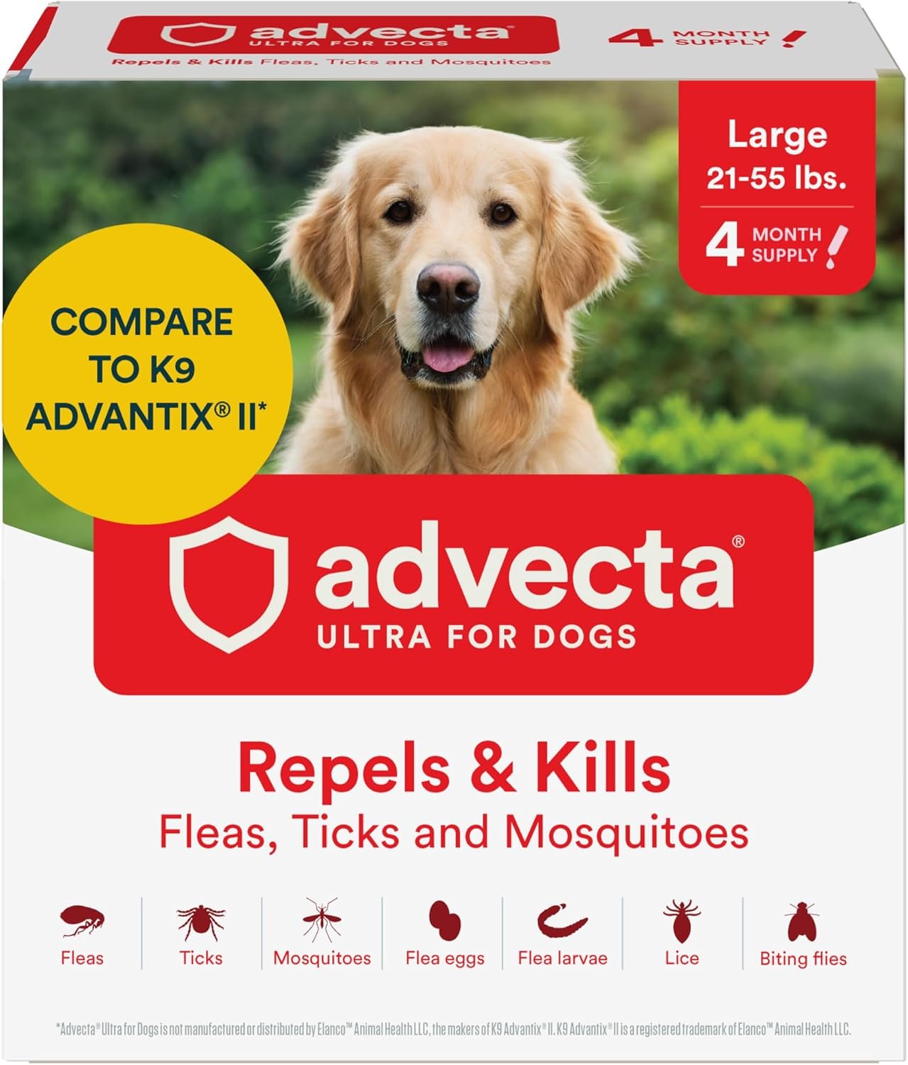 Advecta Ultra Flea and Tick Prevention for Dogs – Large Dog Flea and Tick Treatment & Control – Mosquito Repellent – Fast Acting Waterproof Topical Drops, 4 Month Supply | Imidacloprid, permethrin & pyriproxyfen kill fleas/ticks on contact; 4-dose supply; Breaks Flea Life Cycle
