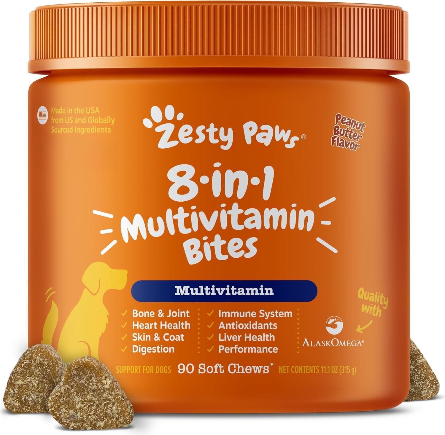 Zesty Paws Multivitamin Treats for Dogs, Glucosamine Chondroitin Joint Support + Digestive Enzymes & Probiotics, Grain Free Dog Vitamins and Supplements for Skin & Coat, Peanut Butter – 90ct