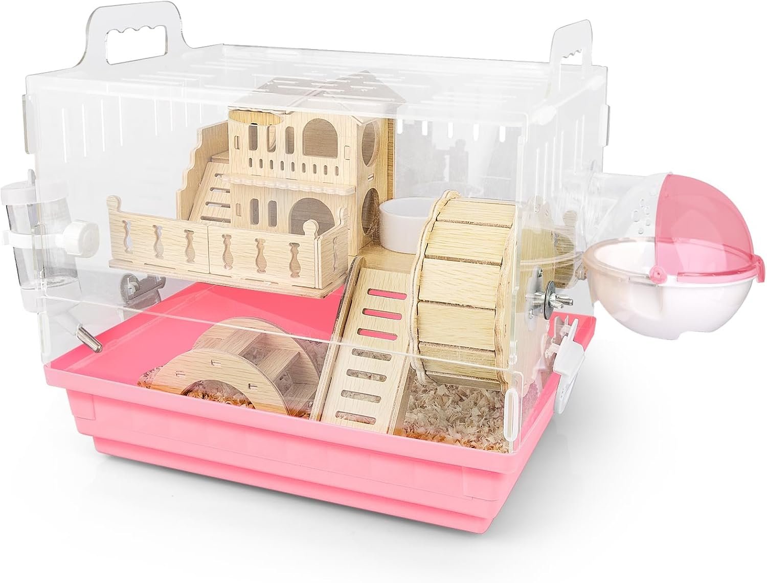 Cycodo 8 in 1 Acrylic Hamster Cage,2-Tier Dwarf Hamster Cage with Wooden Wheel & Hideout,Small Hamster Habitat with Accessories,Clear Pet Mice House(Pink,14″ L*10″ W*11″ H)