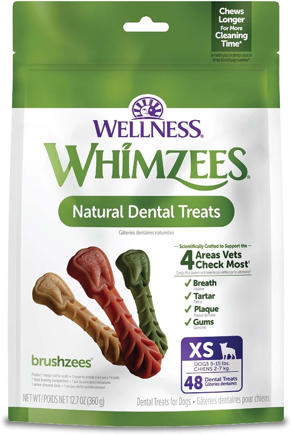 Whimzees Wellness Brushzees Natural Dog Dental Treat, VOHC Accepted Chews, Freshens Breath, Extra-Small Size, 12.7 oz Bag, 48 Count