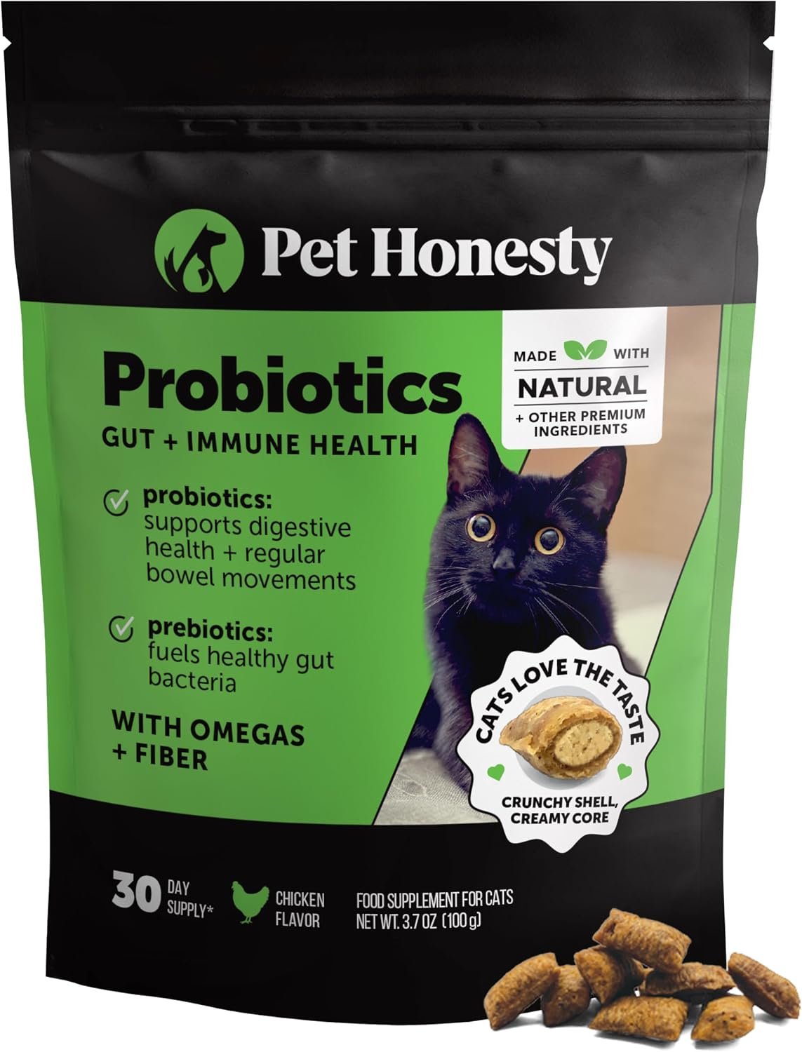 Cat Probiotics Crunchy Creamy Chews for Digestive Health – Cat Constipation + Occasional Diarrhea Relief – Daily Probiotics for Cats with Prebiotics Fiber Gut Flora Sensitive Stomach (30-Day Supply)