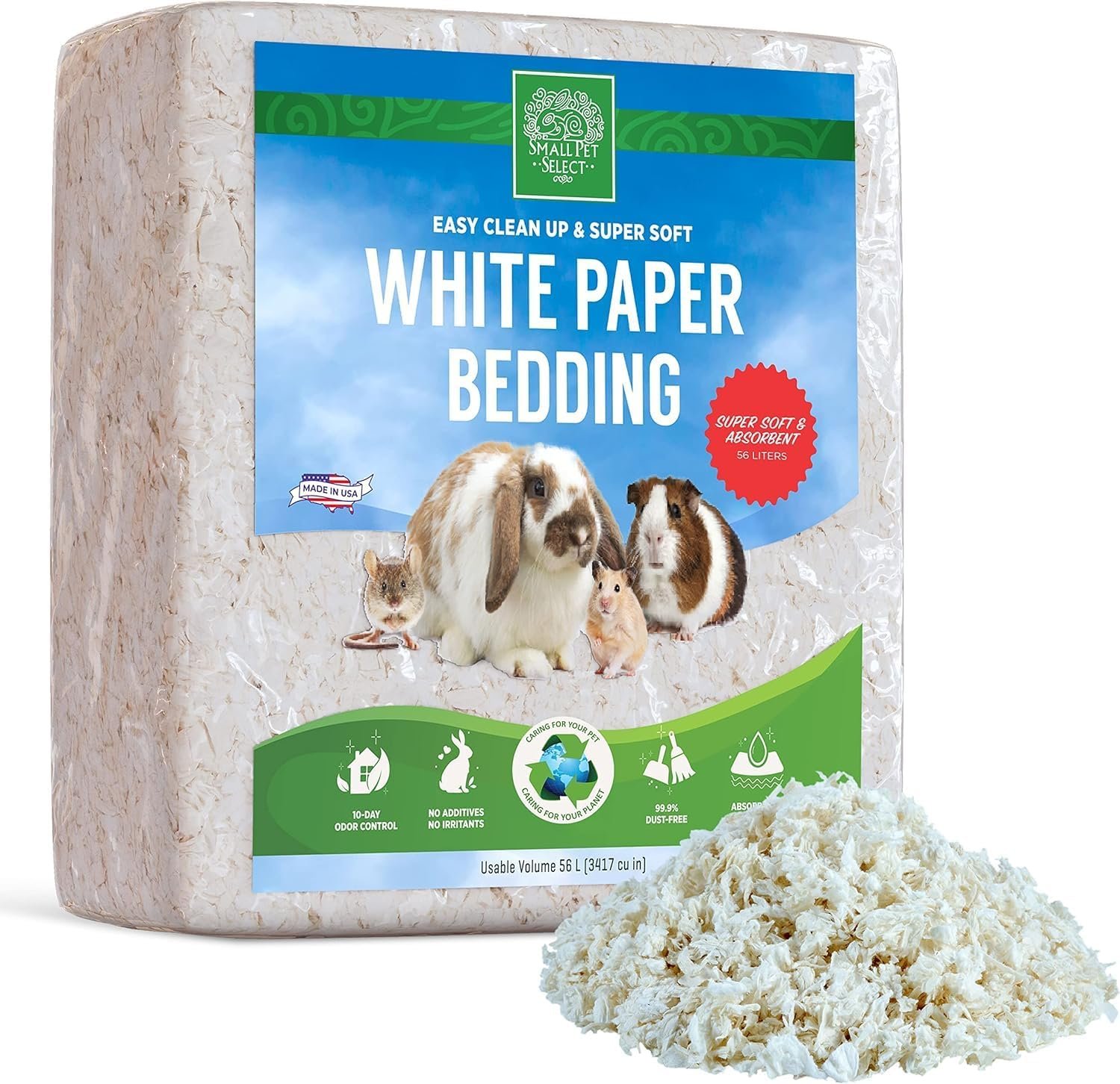 Small Pet Select White Paper Bedding, Guinea Pig, Odor Control, 56 L | Soft Absorbent Natural Bedding, Made in USA, For Rabbits, Hamsters, Bunnies, Chinchillas & Small Pets