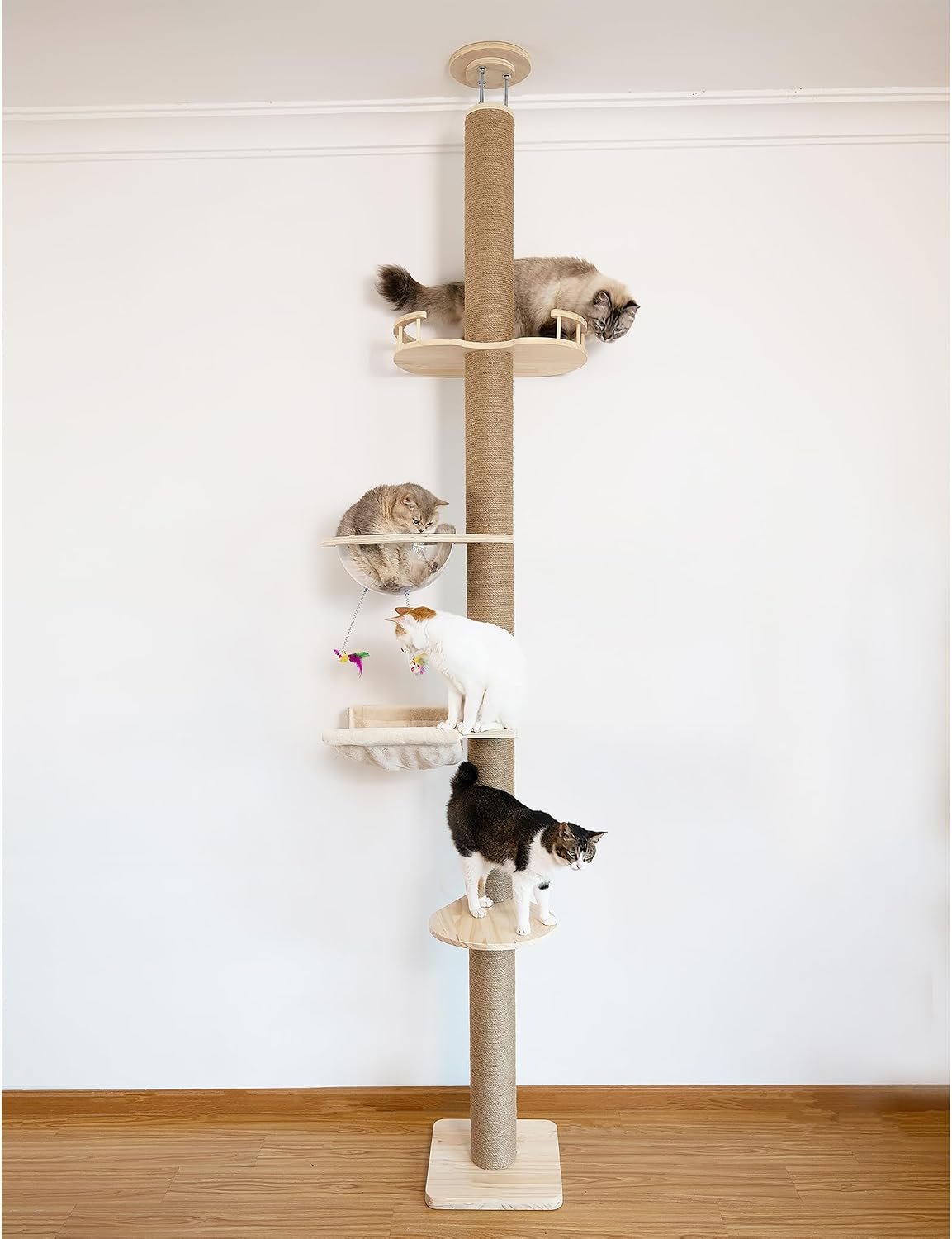 Floor-to-Ceiling Cat Tree with Natural Sisal Rope Scratching Post – Adjustable Height (55-119 Inches) – Modern Cat Activity Tree, Cat Scratcher Post