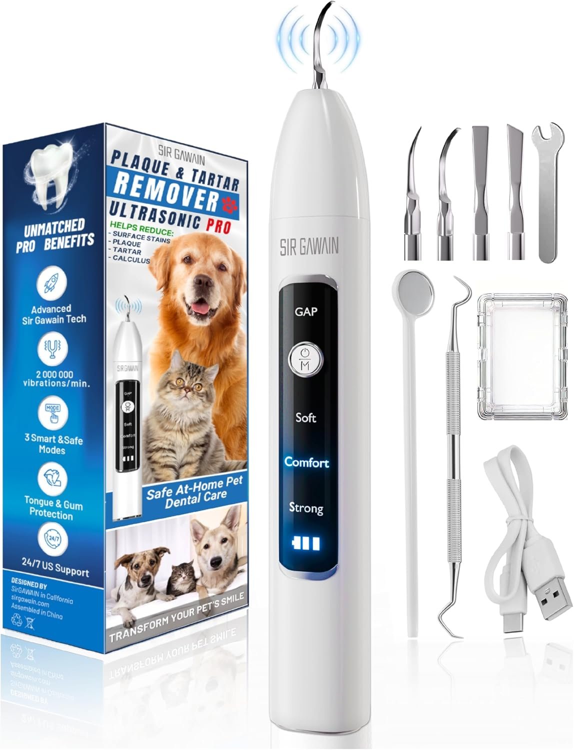 SIRGAWAIN Pet Ultrasonic Dental Cleaner — Plaque, Tartar & Stains Remover, 4 Tips, 3 Modes, LED, Contact-Activated & Smart Touch Protection, Complete Cleaning Kit for Dogs & Cats
