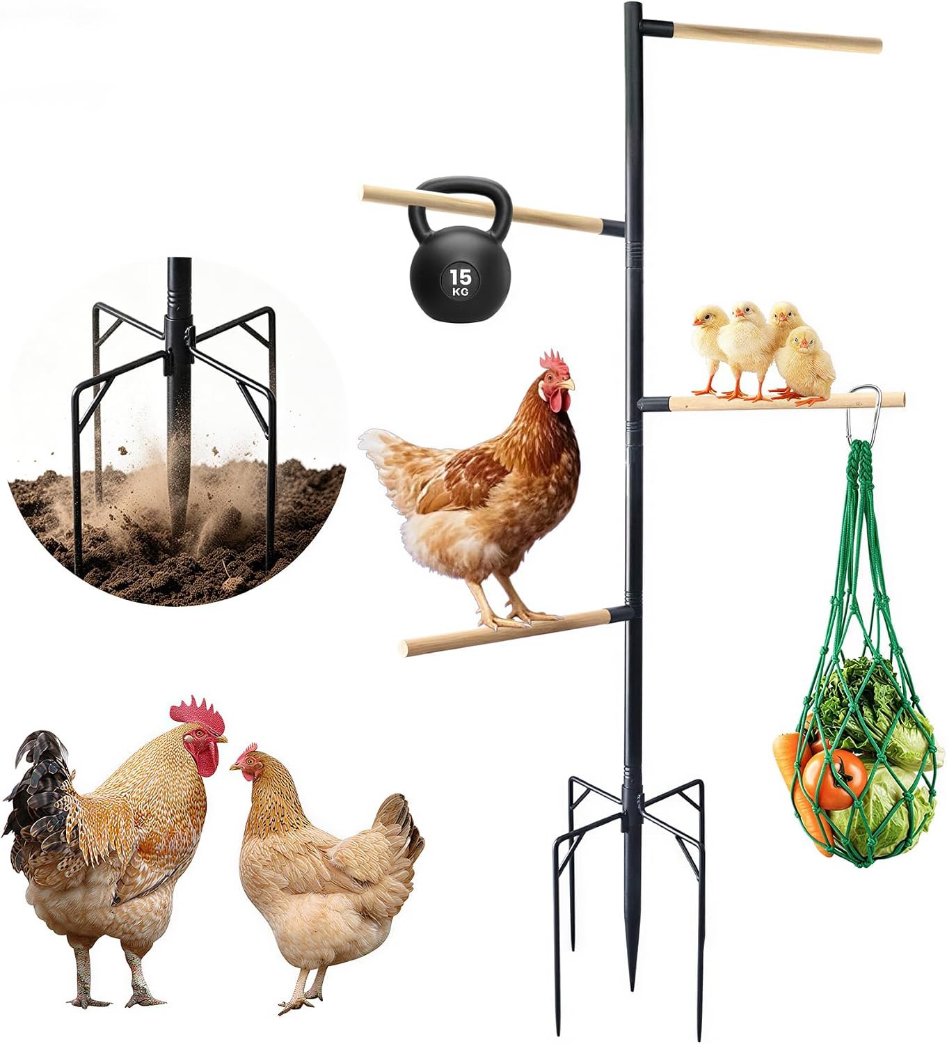 Chicken Perch Stand for Coop, 55 in Heavy Duty Poultry Roosting Stand with 5-Leg Ground Stake Base, 4 Wooden Perches, Outdoor Chicken Roost Stand for Hens & Chicks