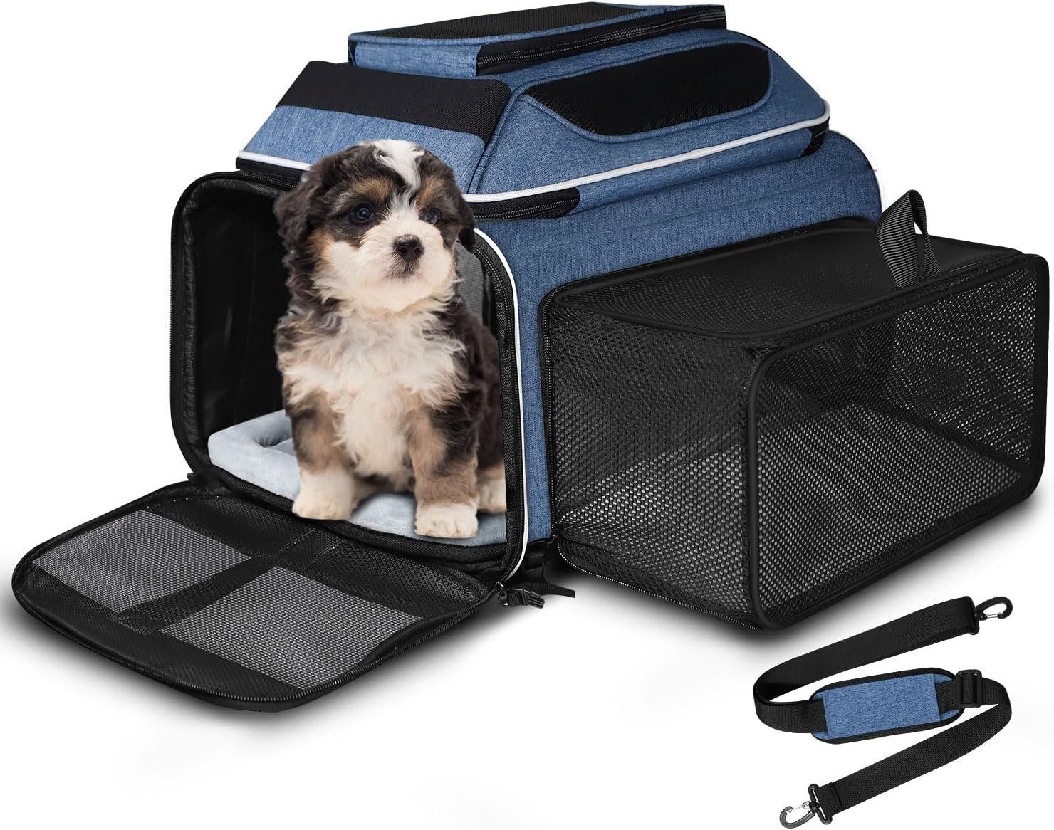 Top and Side Expandable Small Pet Carrier Airline Approved, Blue | 18″Lx11″Wx11″H, for Delta/United/American Airlines, Pets Under 10 Lbs, Lockable Zippers,Soft-Sided, Anti-Scratch Mesh