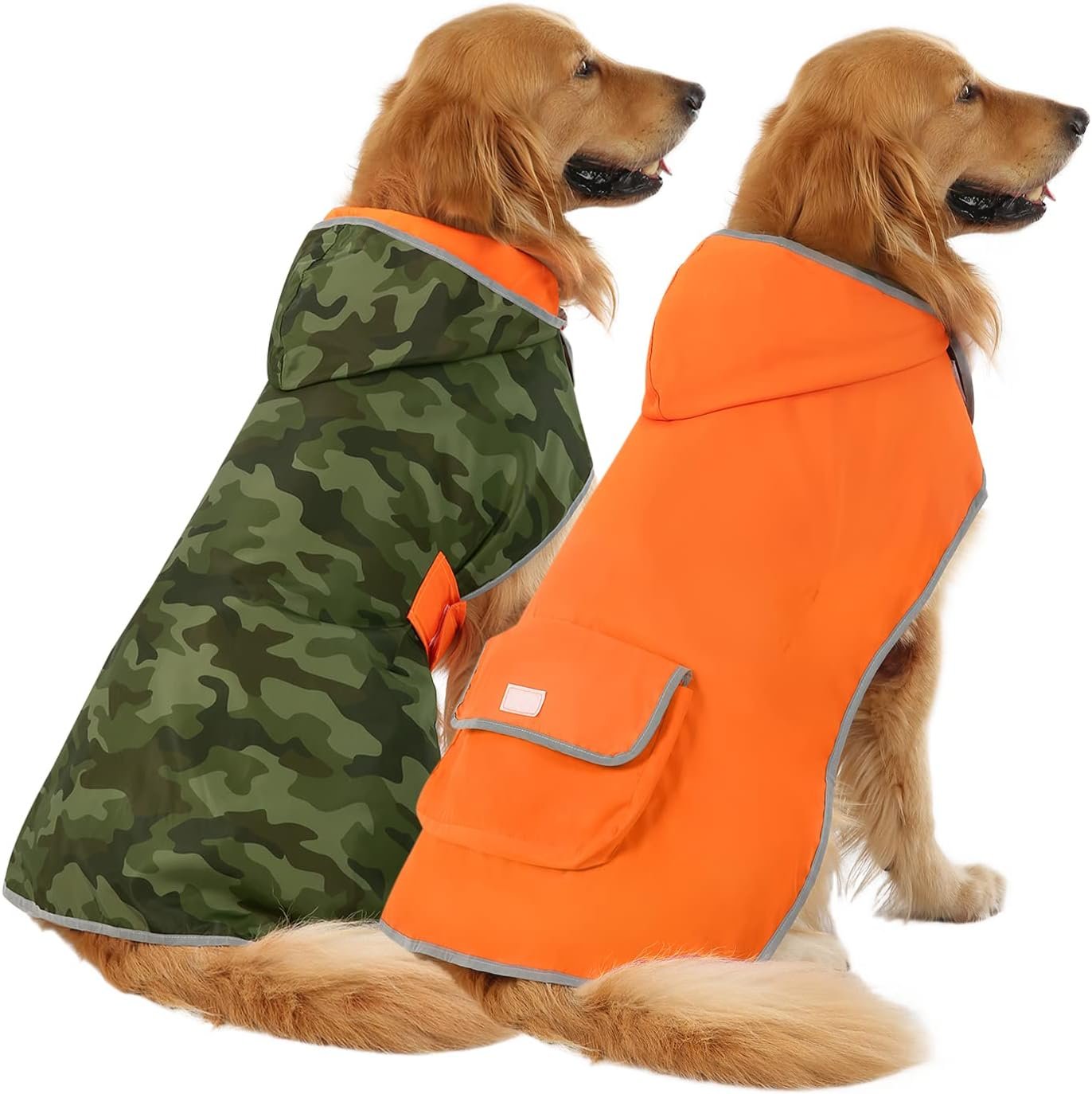 HDE Reversible Hooded Dog Raincoat Slicker Poncho for Small Medium Large Dogs – Camo Orange – XL – Polyester