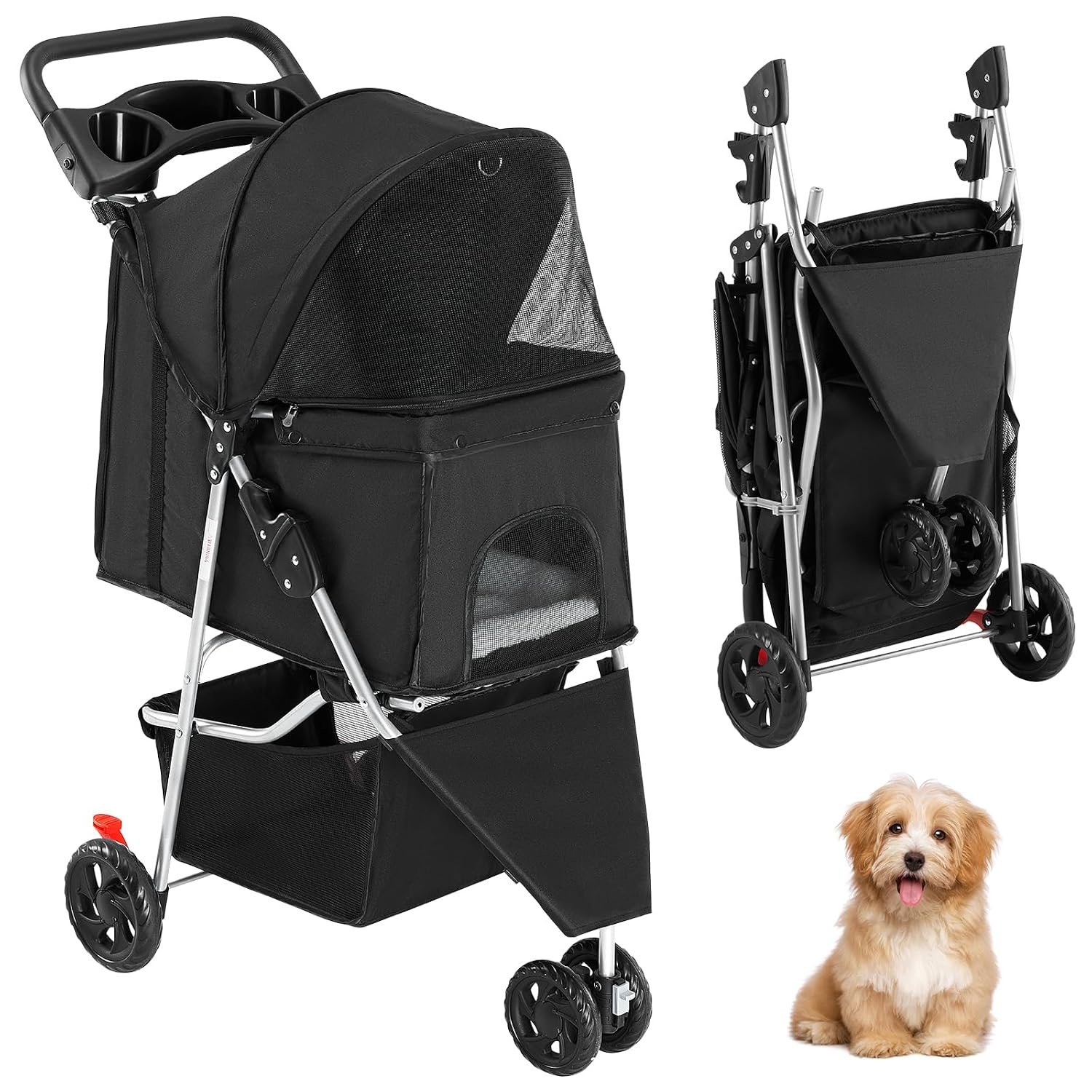 3 Wheel Dogs Stroller for Small to Medium Pets, Foldable Design | Includes Storage Basket and Cup Holders, Lightweight and Durable, Ideal for Dogs and Cats, Black