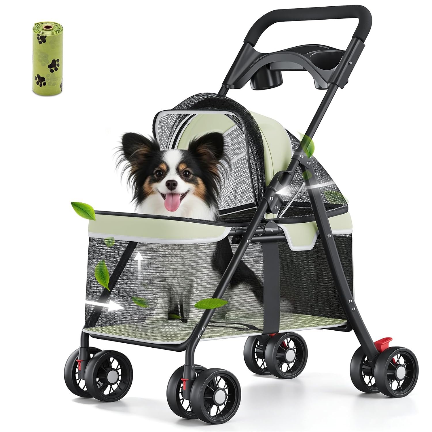 GTPLAYER Foldable Pet Stroller for Small Dogs and Cats, Holds Up to 33 lb, 4 Wheel, Full Mesh Ultra Breathable, Safety Tethers, Cup Holder & Poop Bags Included, Green
