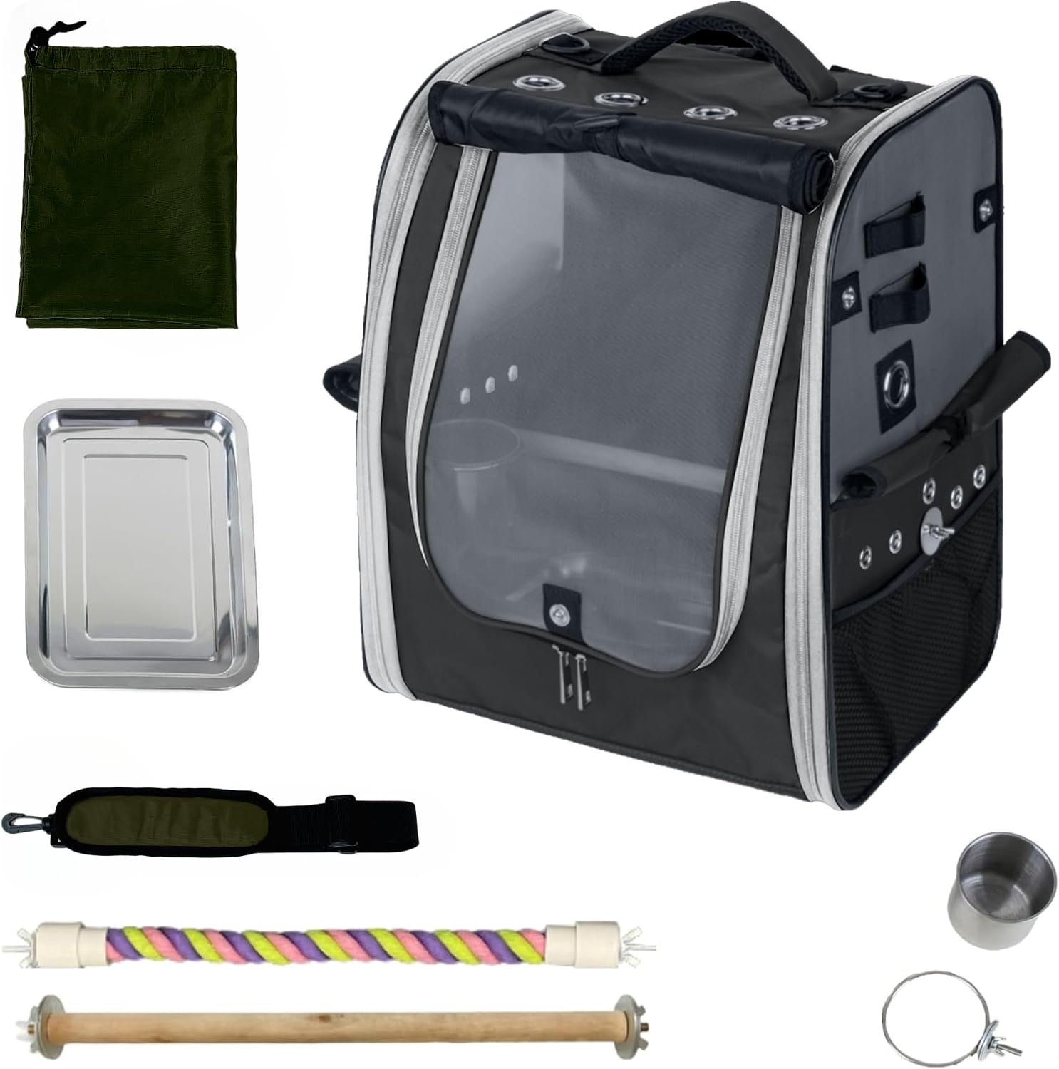 Birds Day Bird Carrier Backpack – Breathable Mesh Portable Parrot Travel Cage with 2PCS Perch, Food Bowl, and Stainless Steel Tray (Charcoal Gray)