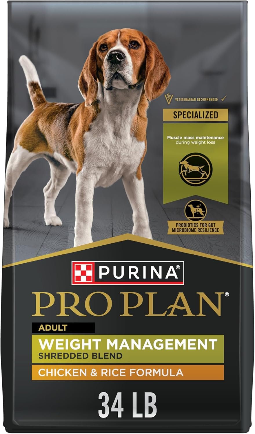 Purina Pro Plan Weight Management Dry Dog Food, Chicken & Rice, 34 lb Bag | Shredded Blend high-protein formula, helps support lean muscle mass, healthy weight dog food with live probiotics for dogs