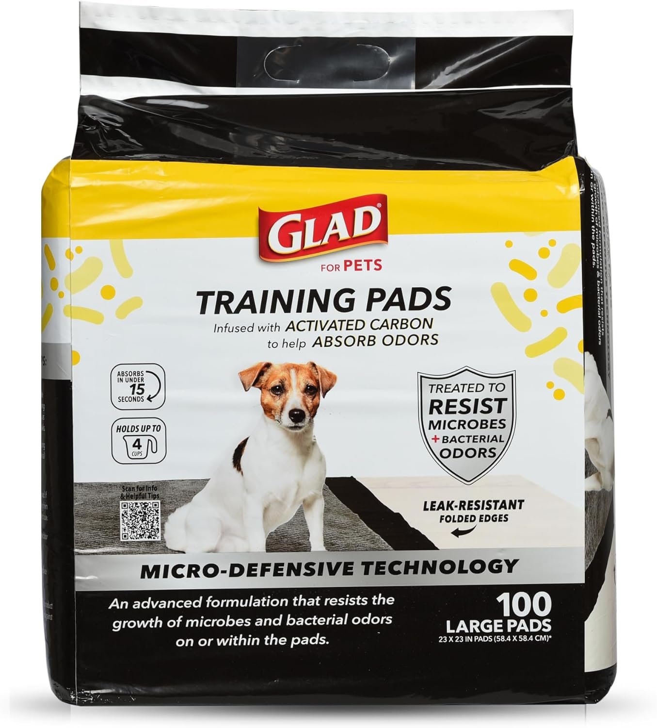 Glad for Pets Activated Carbon Training Pads, Anti-Microbial, 100 Count | 6-layer, leak-proof pads with odor control technology, 23 x 23 in coverage for indoor potty training