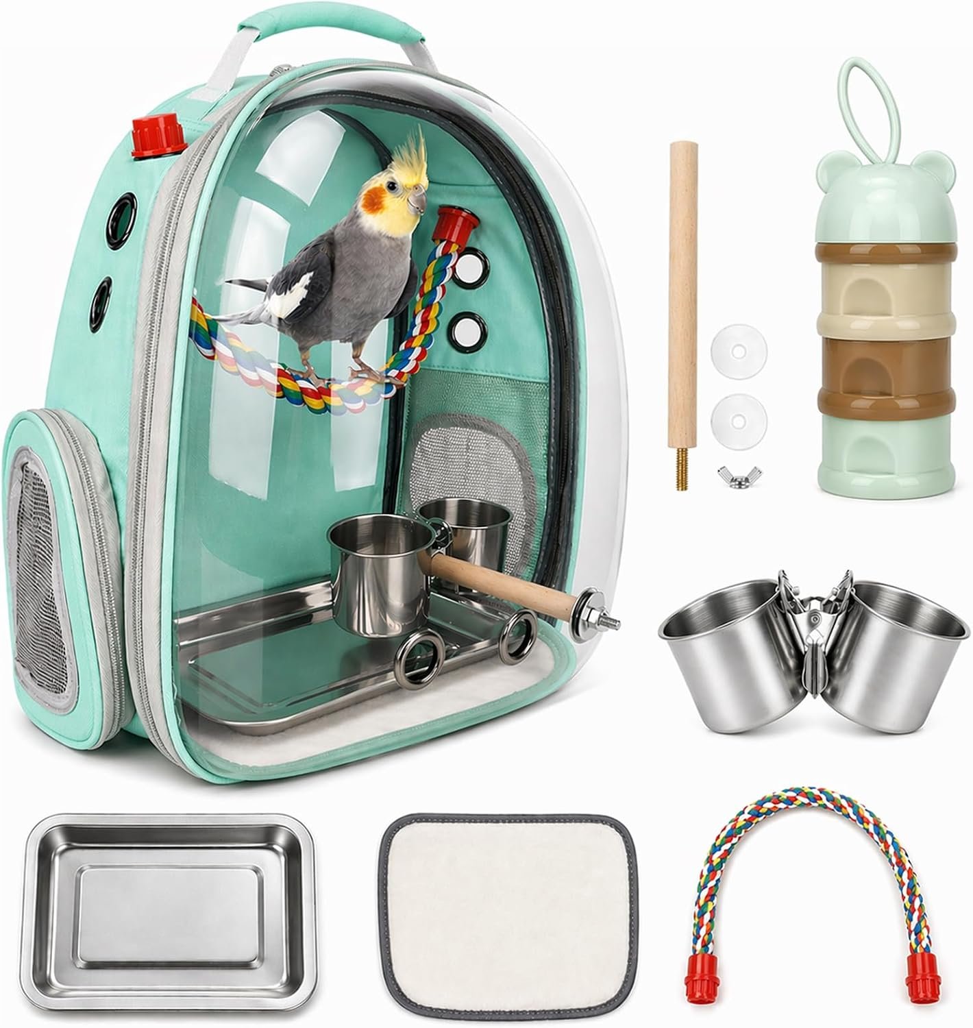 Rypet Bird Backpack Carrier, Bird Travel Cage for Parrots with Tray (Green) | Bird Travel Backpack Set, visible window, Vent Holes, Clean-Out Steel Tray, Rope & Wooden Perches, Food Cup & bottle