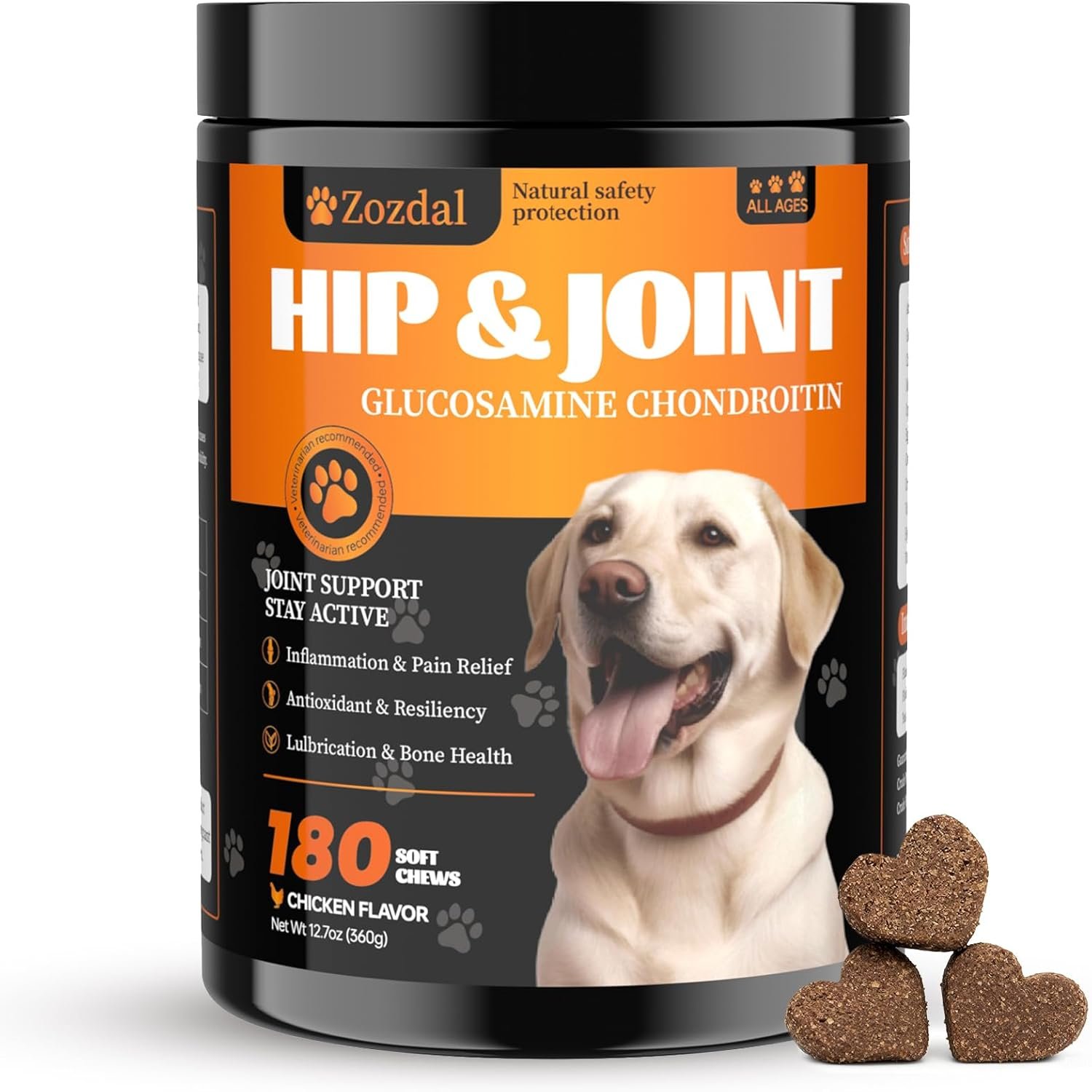 Dog Hip & Joint Supplement, 180 Chicken Chews | Glucosamine Chondroitin MSM Turmeric for Large Breed & Senior Dogs