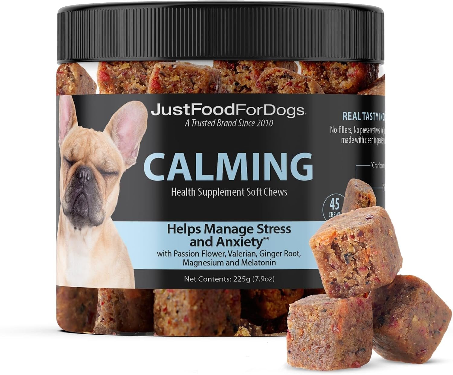 JustFoodForDogs Calming Supplement for Dogs, Dog Melatonin Supplement -45ct | Human Grade Magnesium & Melatonin Dog Supplements, Promotes Relaxation, Soft Chews, Superfood Blend, Plant Based Dog Vitamins