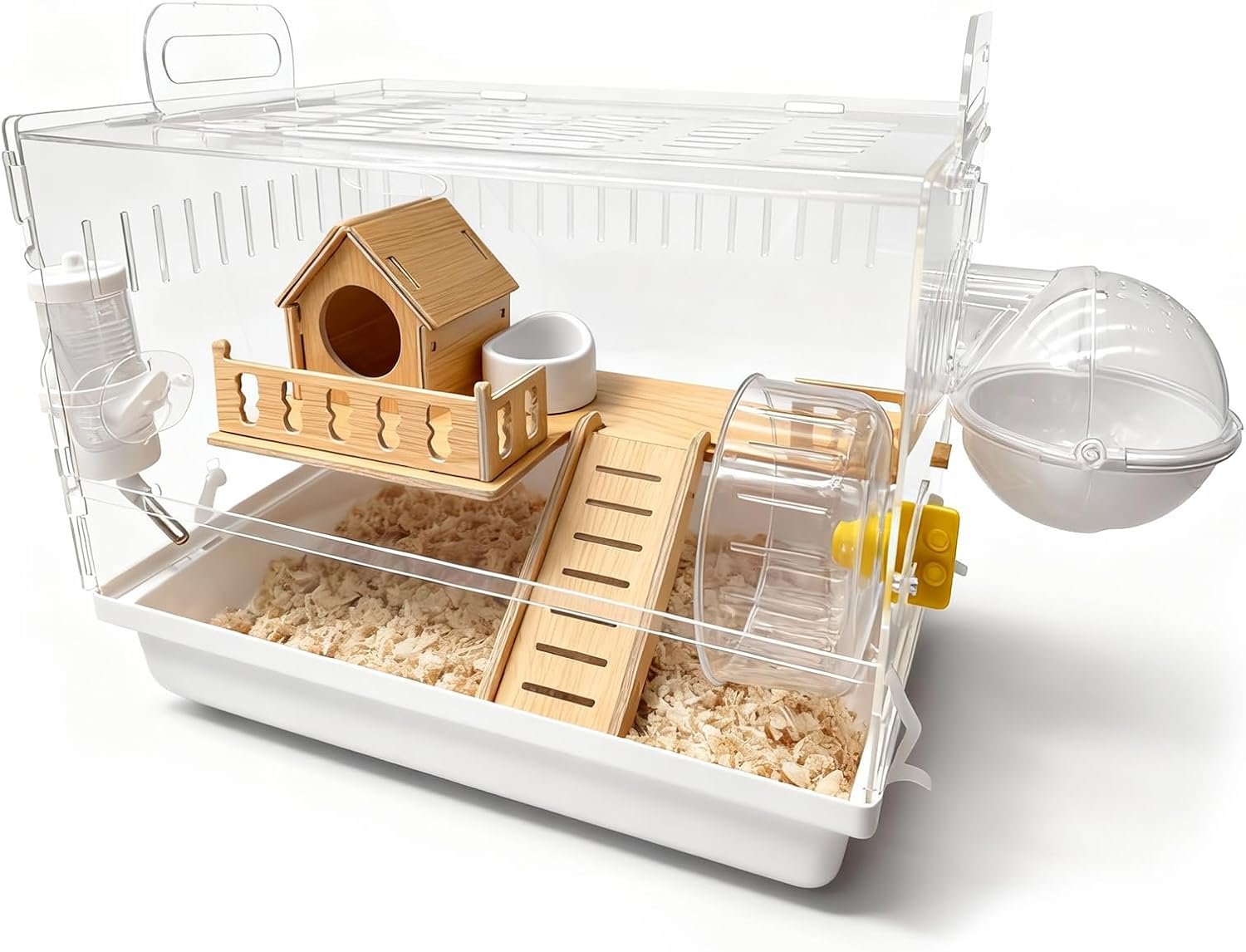 Acrylic Hamster Cage, 2-Tier Hamster Cage with Wooden Accessories for Dwarf Syrian Hamsters,14″x10″x*11″ Clear Pet Mice Small Hamster Habitat Gerbils House