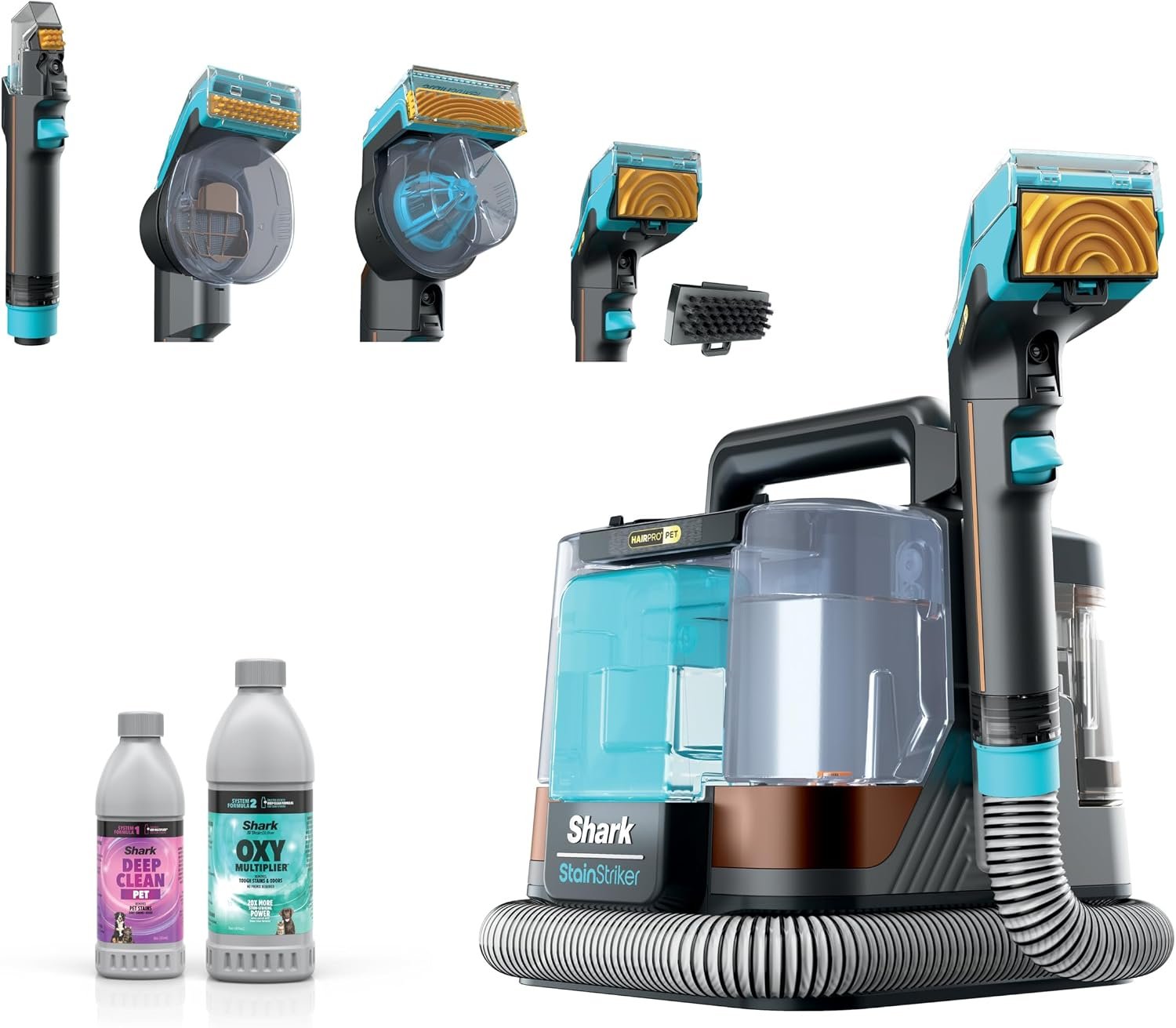 Shark StainStriker HairPro Portable Stain Cleaner,4 Tools, Self-Clean PX251 | For Carpet, Upholstery & Area Rugs, Pet Hair Pickup, Pet & OXY Formulas, Self-Clean, 3.5″ Stain, Crevice, & 2 Pet Tools