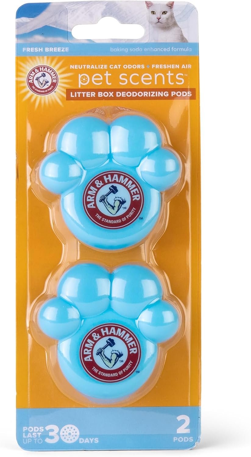 Arm & Hammer Cat Litter Box Deodorizer Pods, Fresh Breeze, 2 Count | Peel-and-stick application for litter pans and nearby surfaces, works with clumping, crystal, pellet, and non-clumping litter