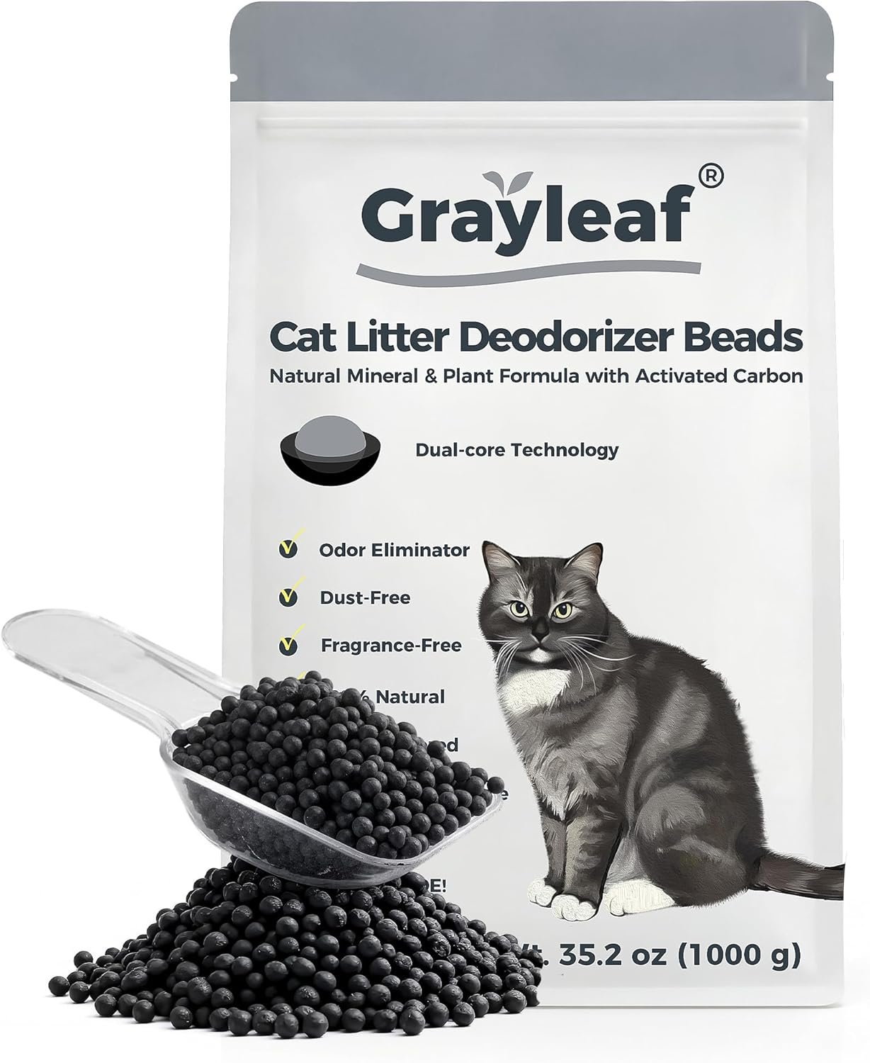 Grayleaf® Unscented Cat Litter Deodorizer, 35.2oz Dust-Free Odor Eliminator | Activated carbon & mineral formula, baking soda free, ideal for heavy odor, multi-cat & automatic boxes