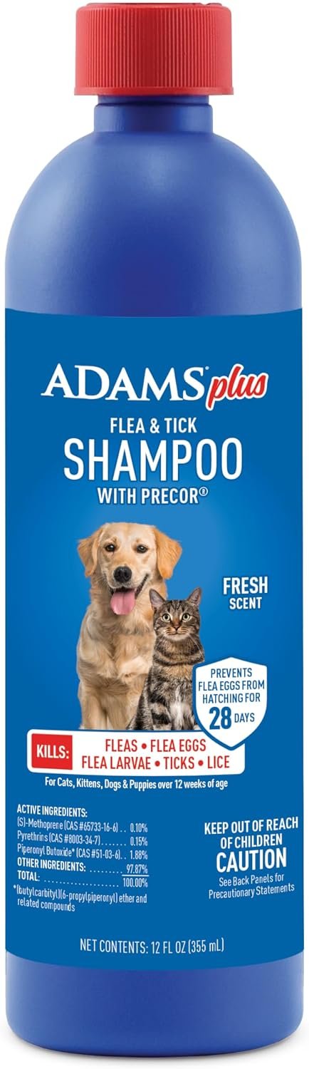 ADAMS Plus Flea & Tick Shampoo with Precor for Dogs & Cats, 12 oz | Flea shampoo for dogs and cats kills flea eggs and lice on contact, helps stop hatching for 28 days