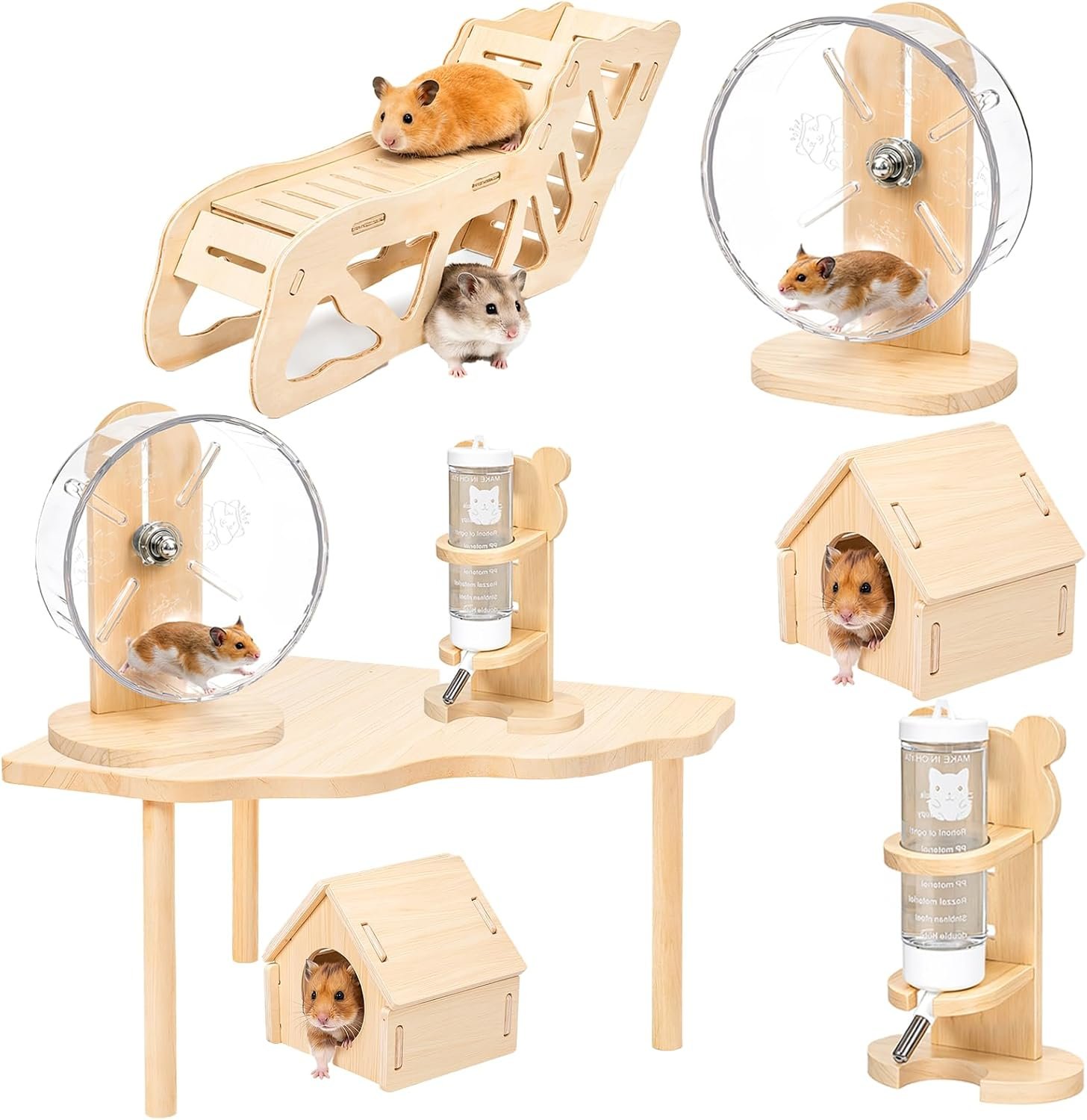 Novabright 5 Pcs Hamster Wooden Platform Set with Hideout Tunnel Running Wheel House & Platform Play Set with Water Bottle Holder Cage Accessories for Hamsters Gerbils Mice Dwarf Syrian