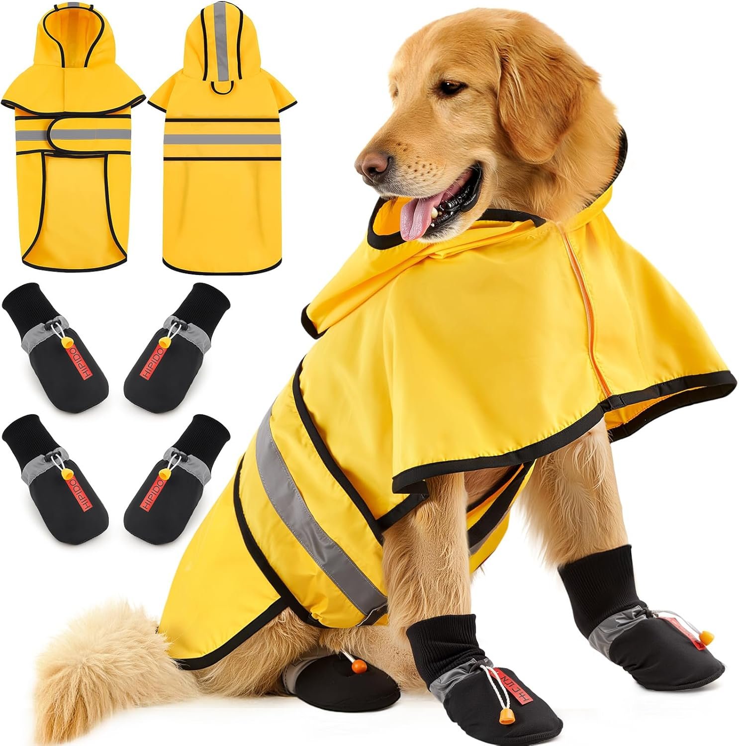 Dog Raincoat and Shoes for Weighing 50-70lbs, Spring Summer Waterproof Dogs Boots & Paw Protectors, Adjustable Pet Poncho with Leash Hole for Large Medium Small Dogs, Yellow(Single Side)