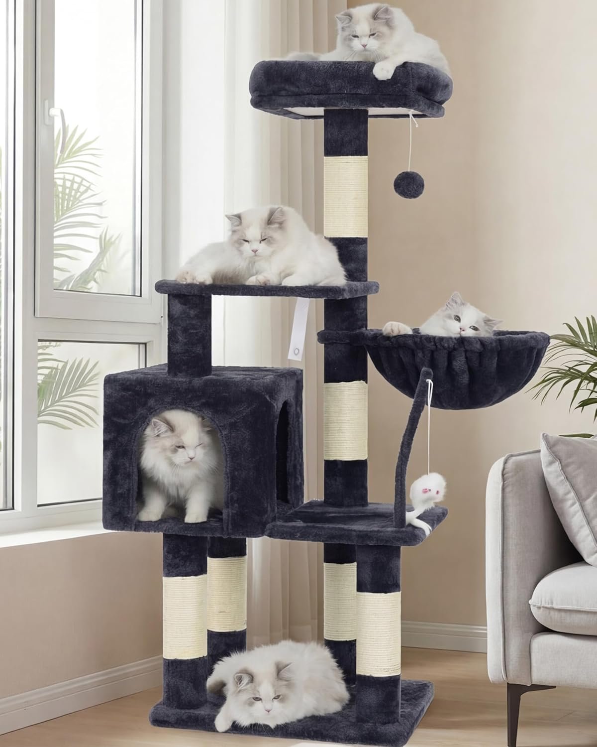 Heybly Cat Tree with Toy, 43.3 inch Cat Tower for Indoor Cats HCT004SG | Cat Condo with Durable Sisal Scratching Posts, Cat House with Padded Plush Perch, Cozy Hammock, Smoky Gray